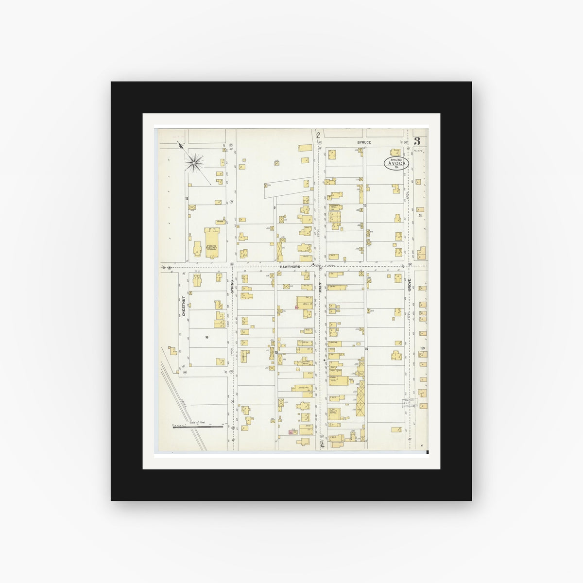Old map wall art mockup — black gallery frame with white mat — Sanborn Fire Insurance Map from Avoca, Luzerne County, Pennsylvania (1903), Sheet #0003