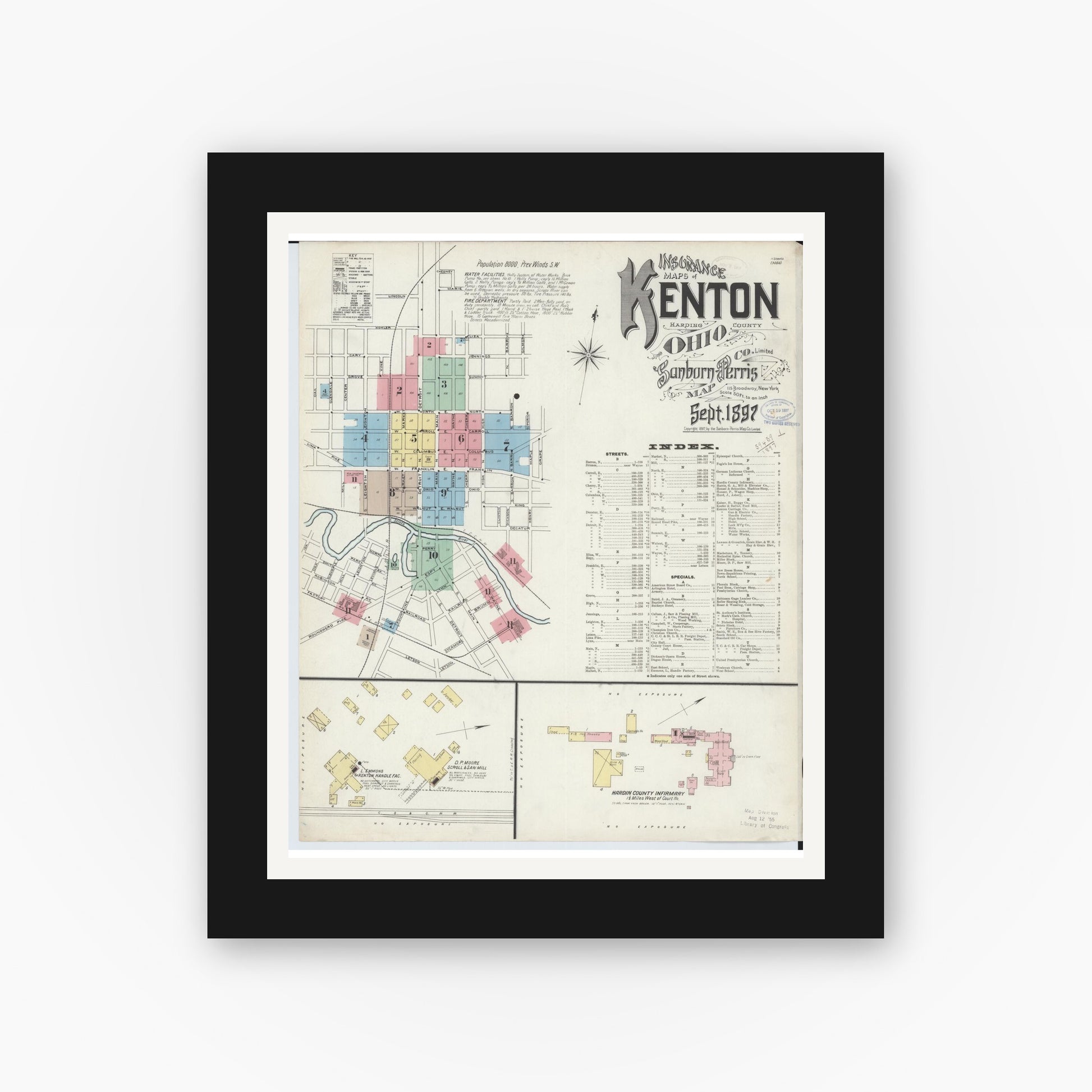Old map wall art mockup — black gallery frame with white mat — Sanborn Fire Insurance Map from Kenton, Hardin County, Ohio (1897) - Complete Map Set