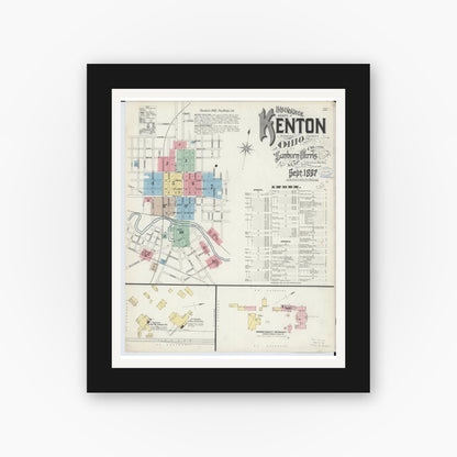 Old map wall art mockup — black gallery frame with white mat — Sanborn Fire Insurance Map from Kenton, Hardin County, Ohio (1897) - Complete Map Set