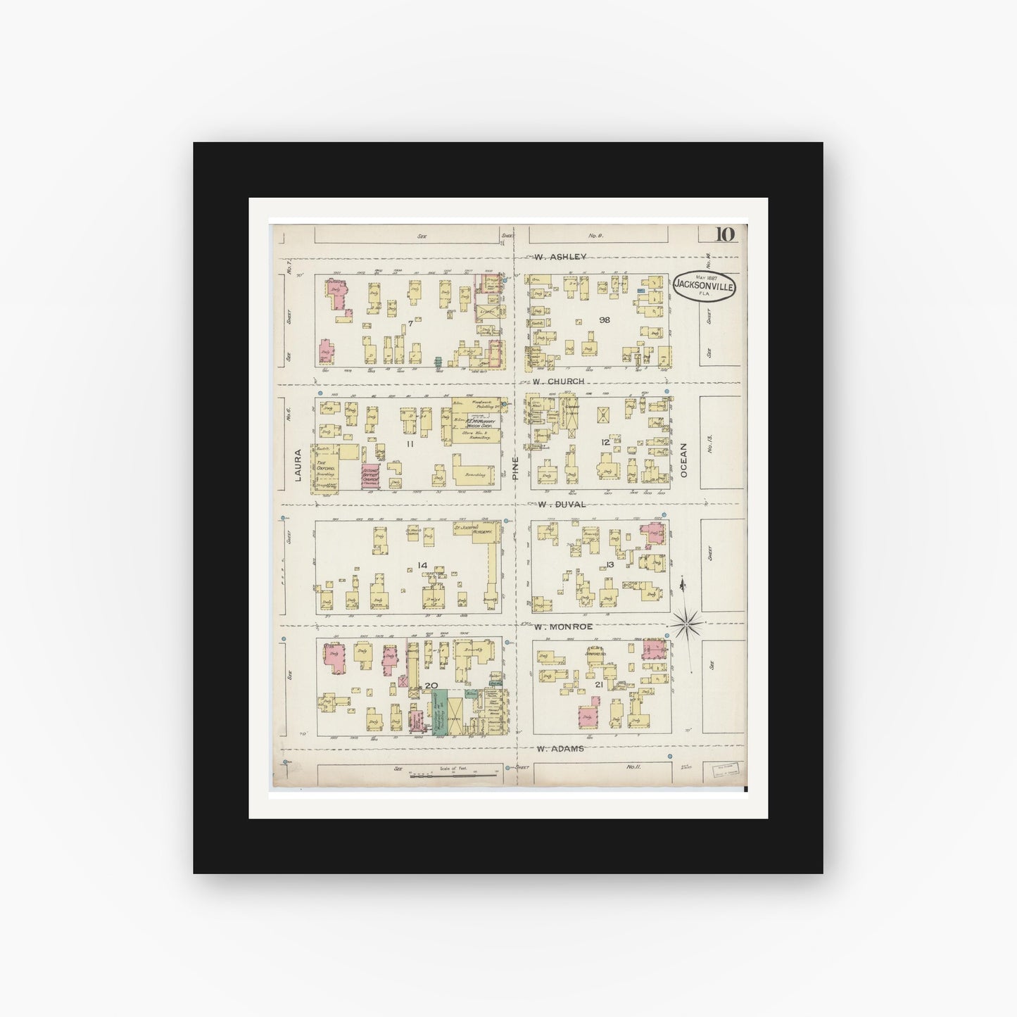 Old map wall art mockup — black gallery frame with white mat — Sanborn Fire Insurance Map from Jacksonville, Duval County, Florida (1887), Sheet #0010
