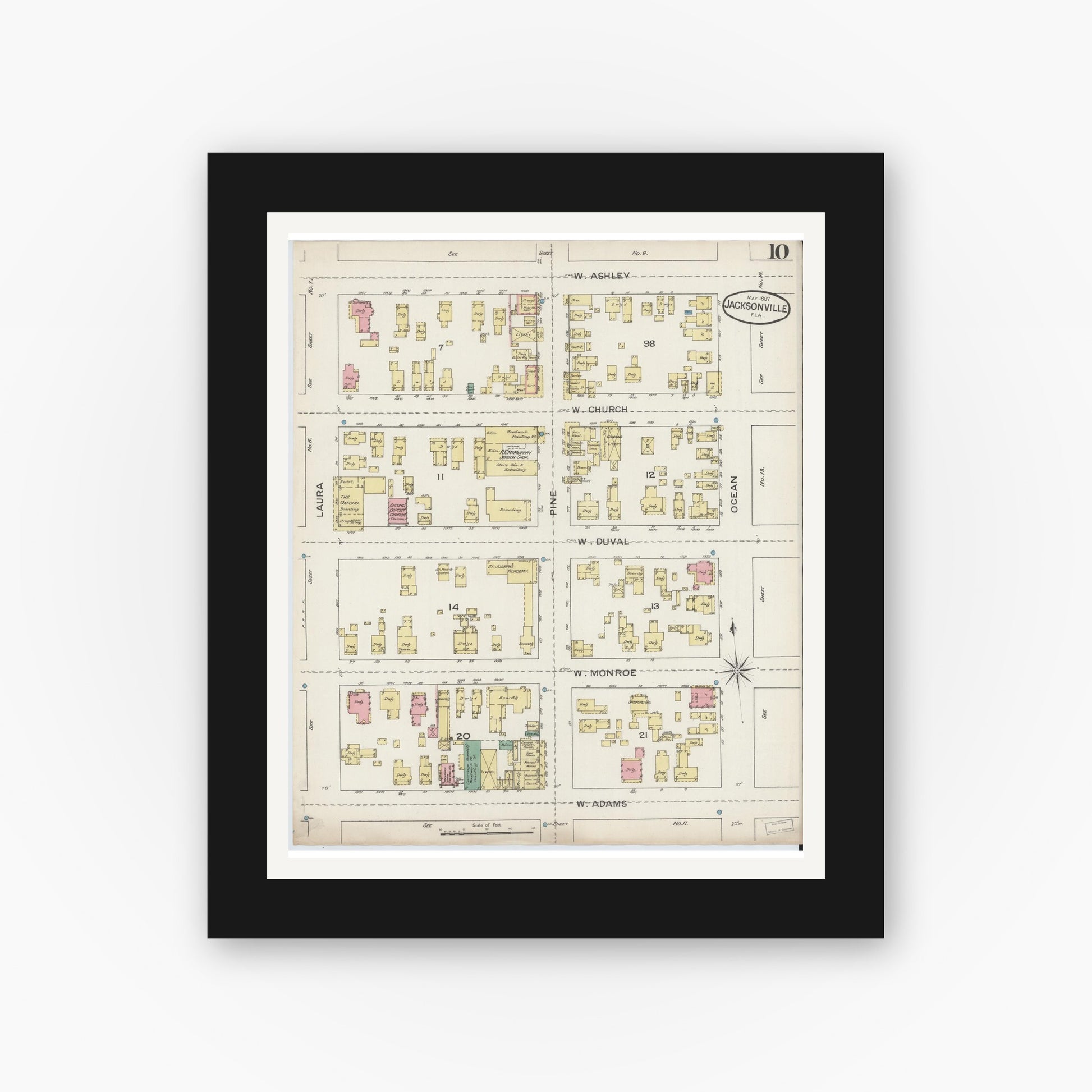 Old map wall art mockup — black gallery frame with white mat — Sanborn Fire Insurance Map from Jacksonville, Duval County, Florida (1887), Sheet #0010