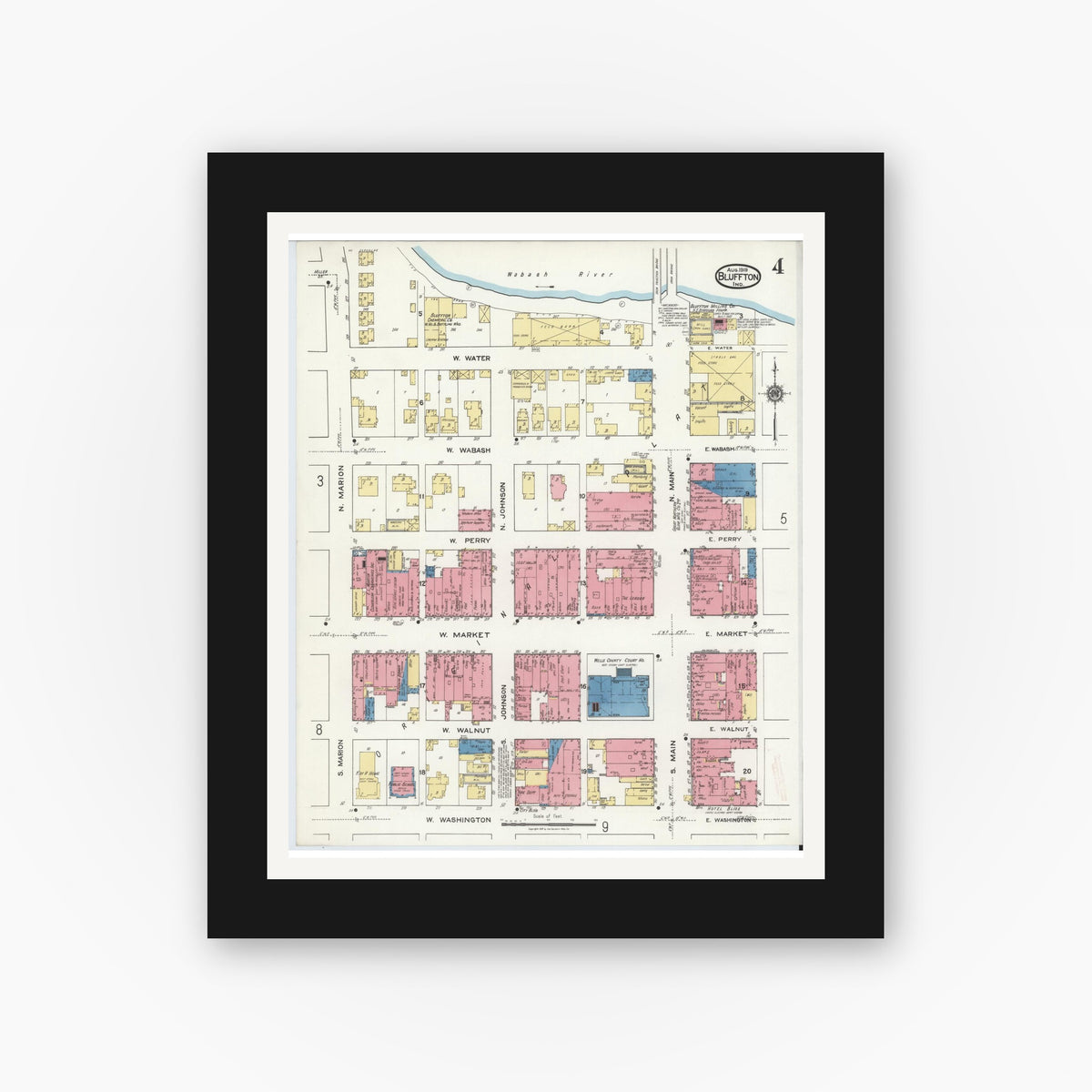 Old map wall art mockup — black gallery frame with white mat — Sanborn Fire Insurance Map from Bluffton, Wells County, Indiana (1919), Sheet #0004