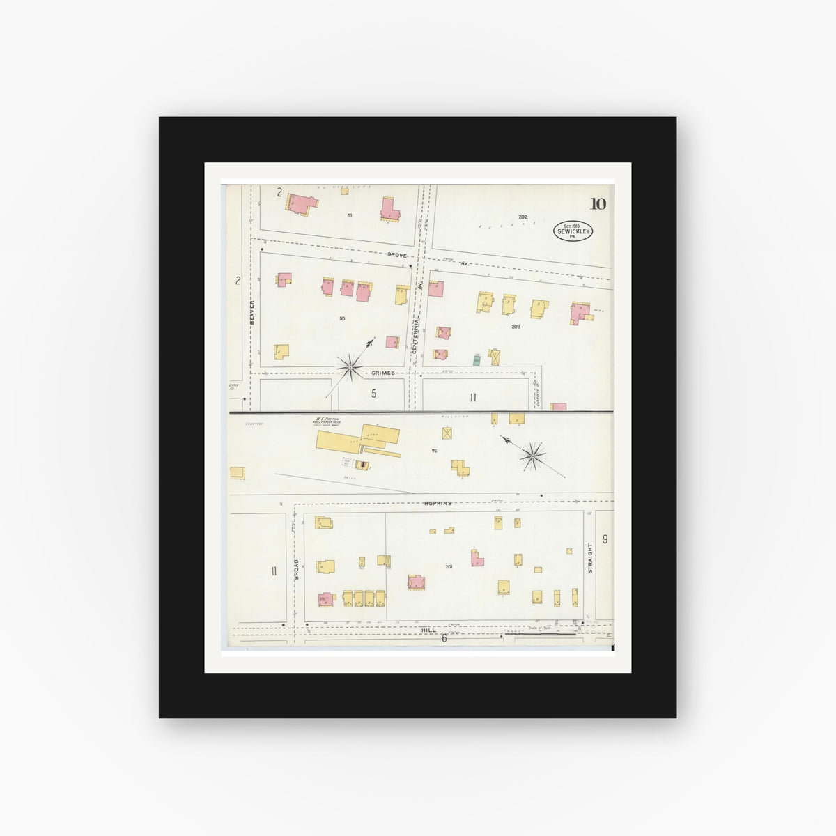 Old map wall art mockup — black gallery frame with white mat — Sanborn Fire Insurance Map from Sewickley, Allegheny County, Pennsylvania (1905), Sheet #0010