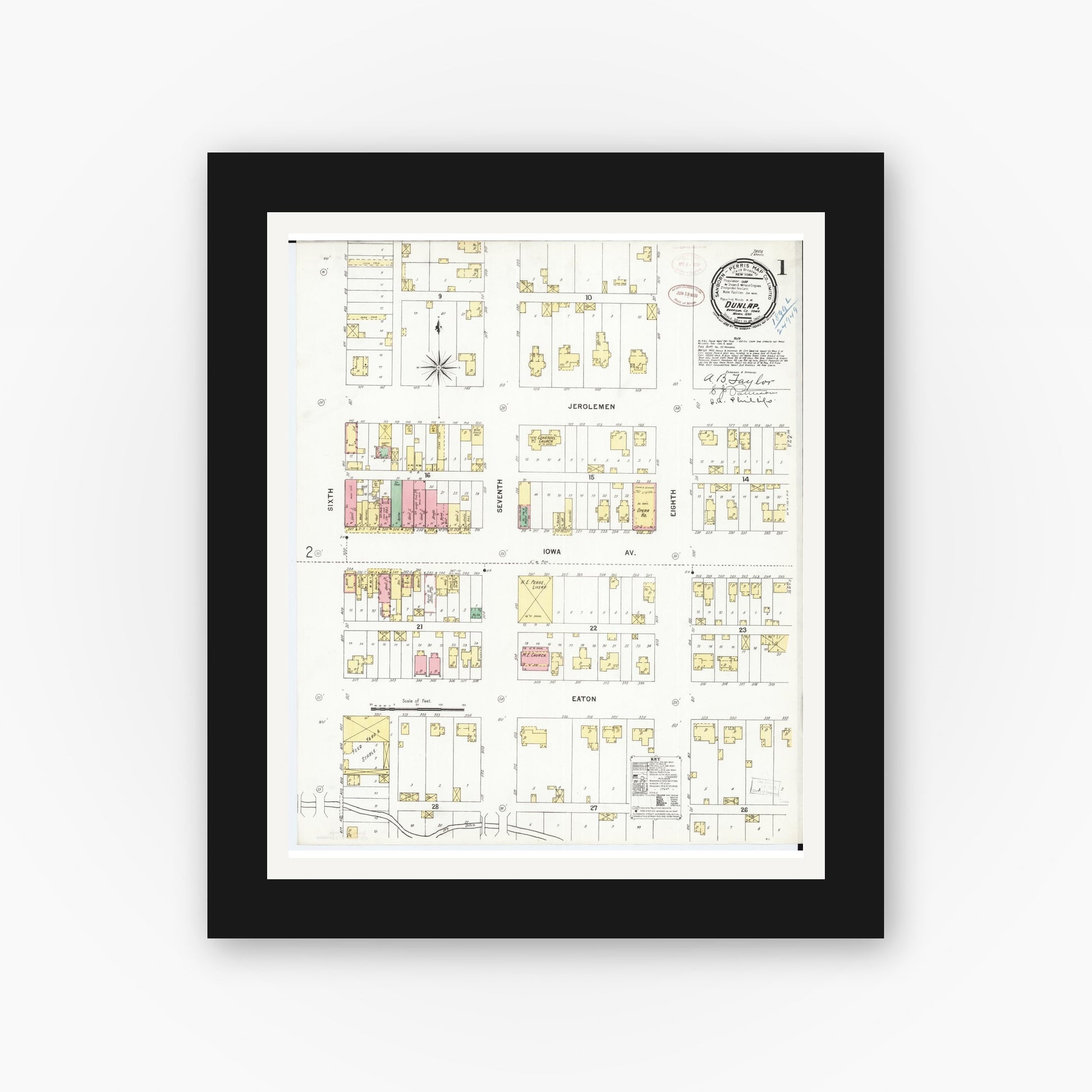 Old map wall art mockup — black gallery frame with white mat — Sanborn Fire Insurance Map from Dunlap, Harrison County, Iowa (1899), Sheet #0001