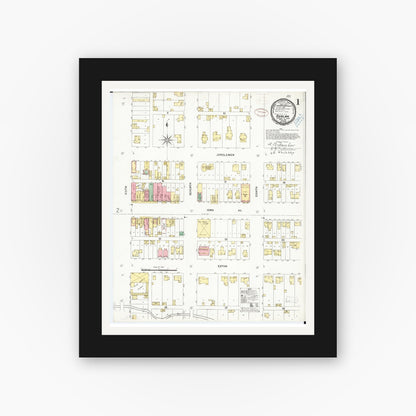 Old map wall art mockup — black gallery frame with white mat — Sanborn Fire Insurance Map from Dunlap, Harrison County, Iowa (1899), Sheet #0001