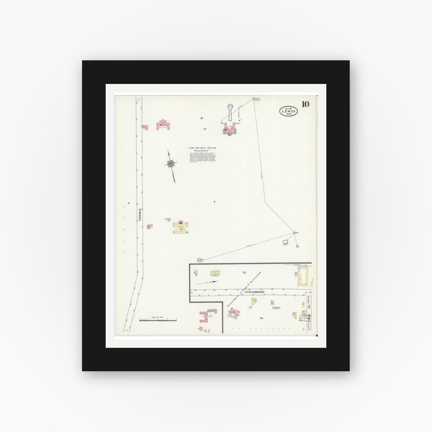 Old map wall art mockup — black gallery frame with white mat — Sanborn Fire Insurance Map from Lenox, Berkshire County, Massachusetts (1911), Sheet #0010