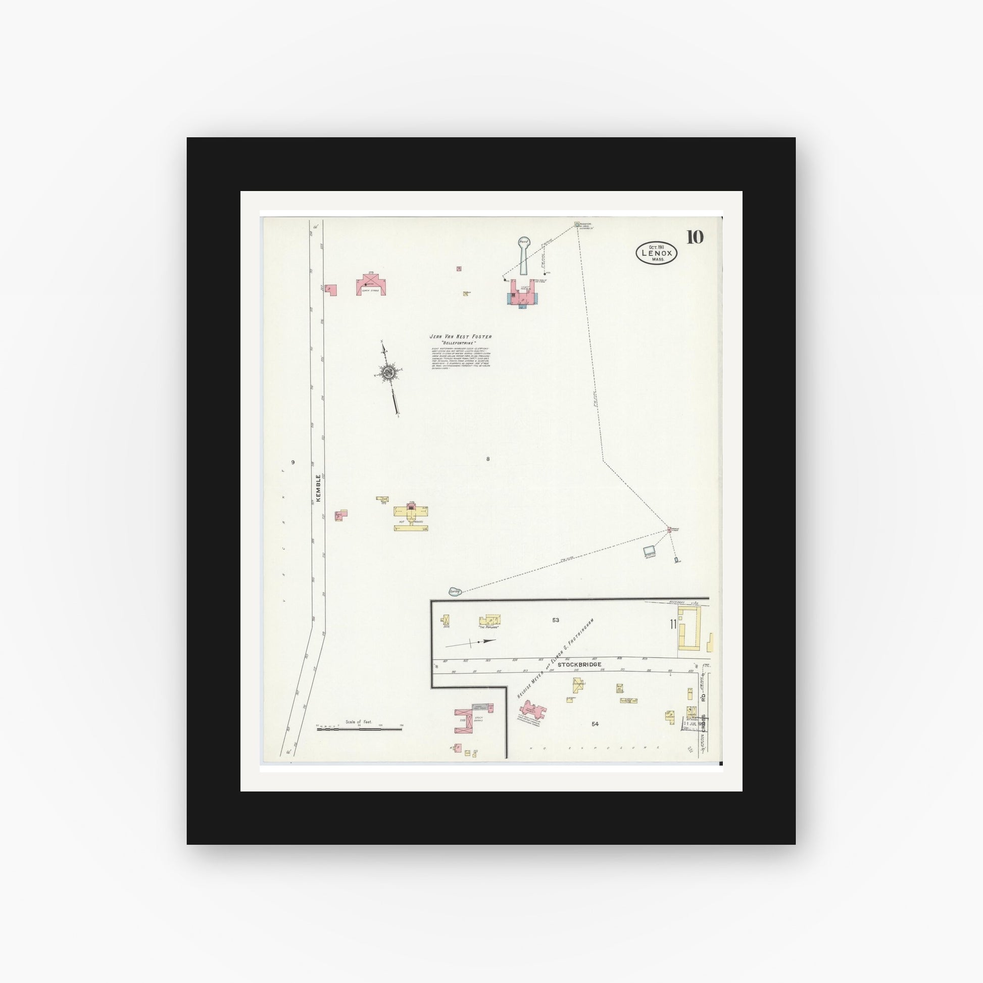 Old map wall art mockup — black gallery frame with white mat — Sanborn Fire Insurance Map from Lenox, Berkshire County, Massachusetts (1911), Sheet #0010