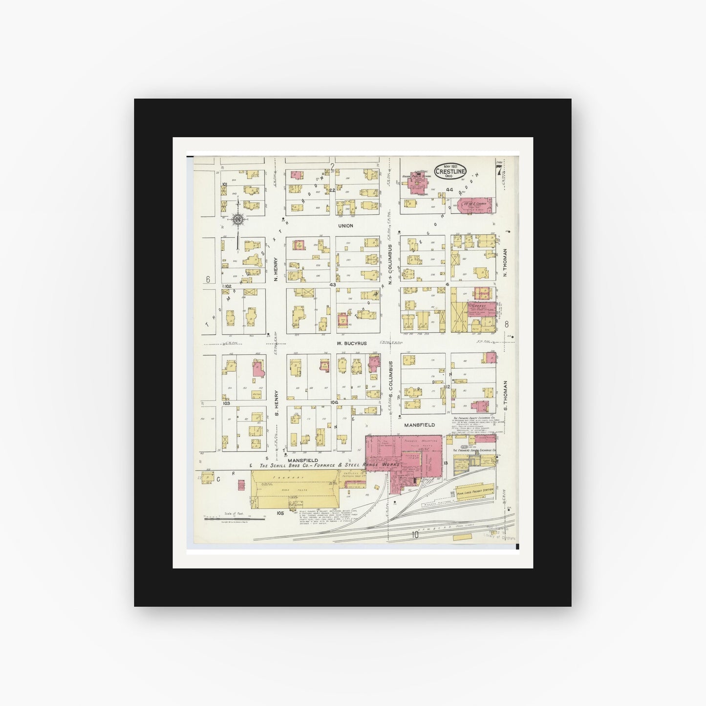 Old map wall art mockup — black gallery frame with white mat — Sanborn Fire Insurance Map from Crestline, Crawford County, Ohio (1921), Sheet #0007