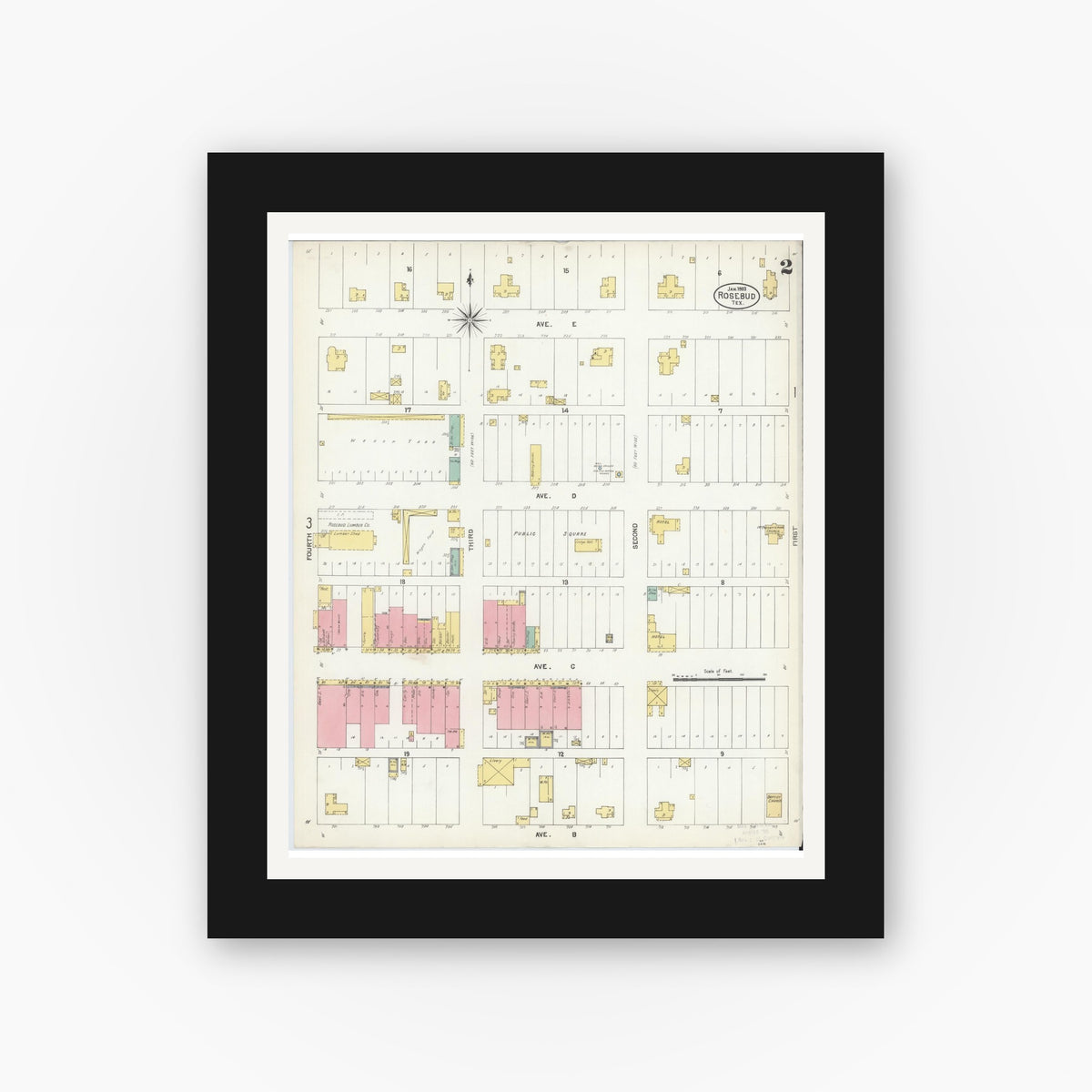 Old map wall art mockup — black gallery frame with white mat — Sanborn Fire Insurance Map from Rosebud, Falls County, Texas (1903), Sheet #0002
