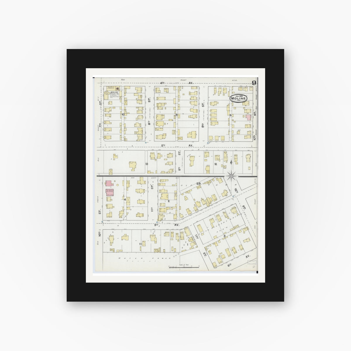 Old map wall art mockup — black gallery frame with white mat — Sanborn Fire Insurance Map from Moline, Rock Island County, Illinois (1892), Sheet #0009