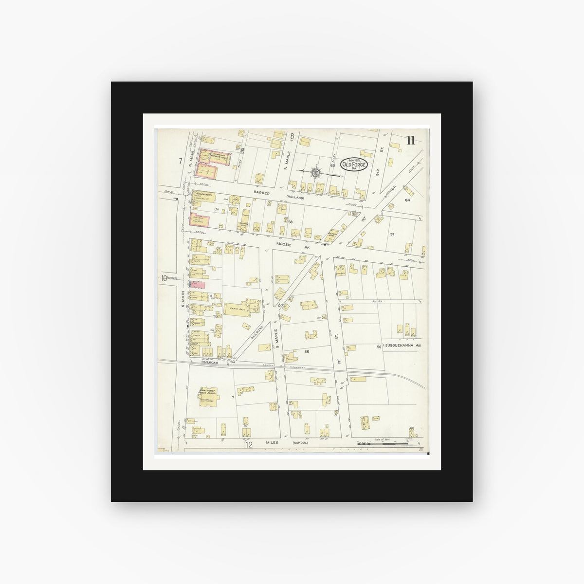 Old map wall art mockup — black gallery frame with white mat — Sanborn Fire Insurance Map from Old Forge, Lackawanna County, Pennsylvania (1914), Sheet #0011