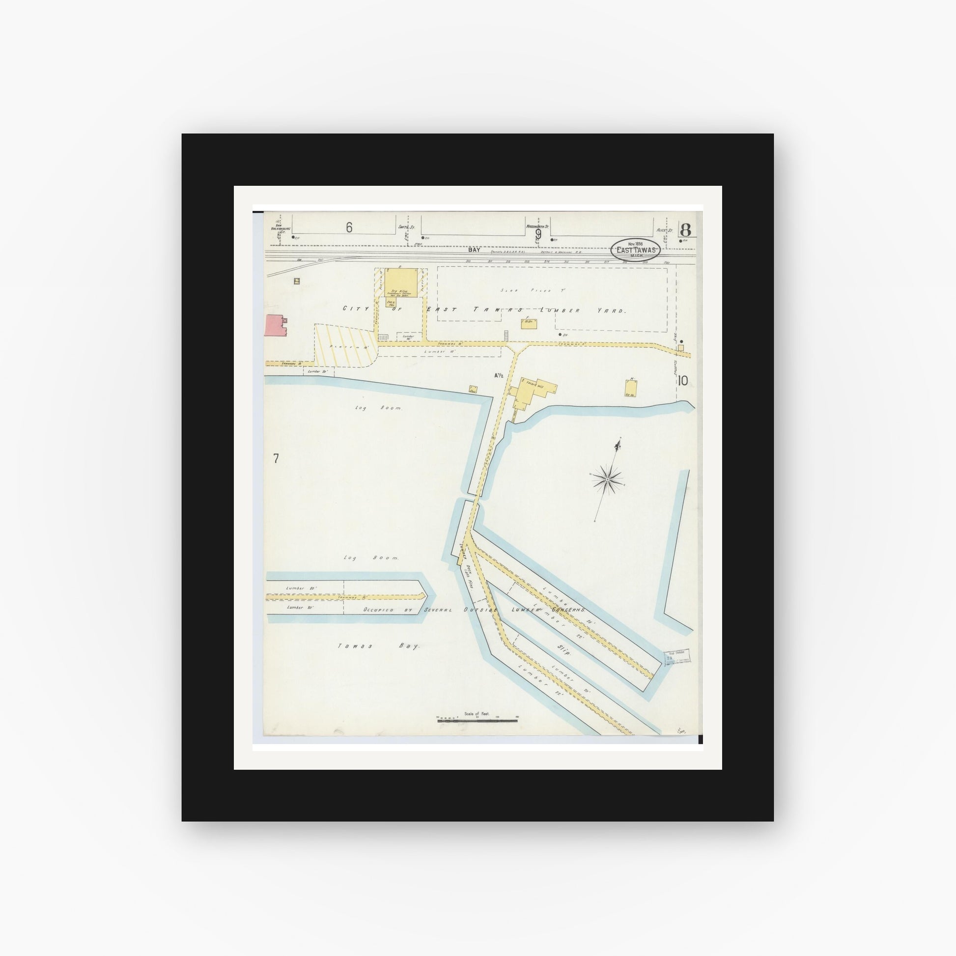Old map wall art mockup — black gallery frame with white mat — Sanborn Fire Insurance Map from Tawas City, Iosco County, Michigan (1898), Sheet #0008