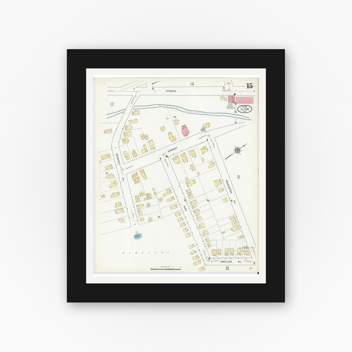 Old map wall art mockup — black gallery frame with white mat — Sanborn Fire Insurance Map from Ilion, Herkimer County, New York (1912), Sheet #0015