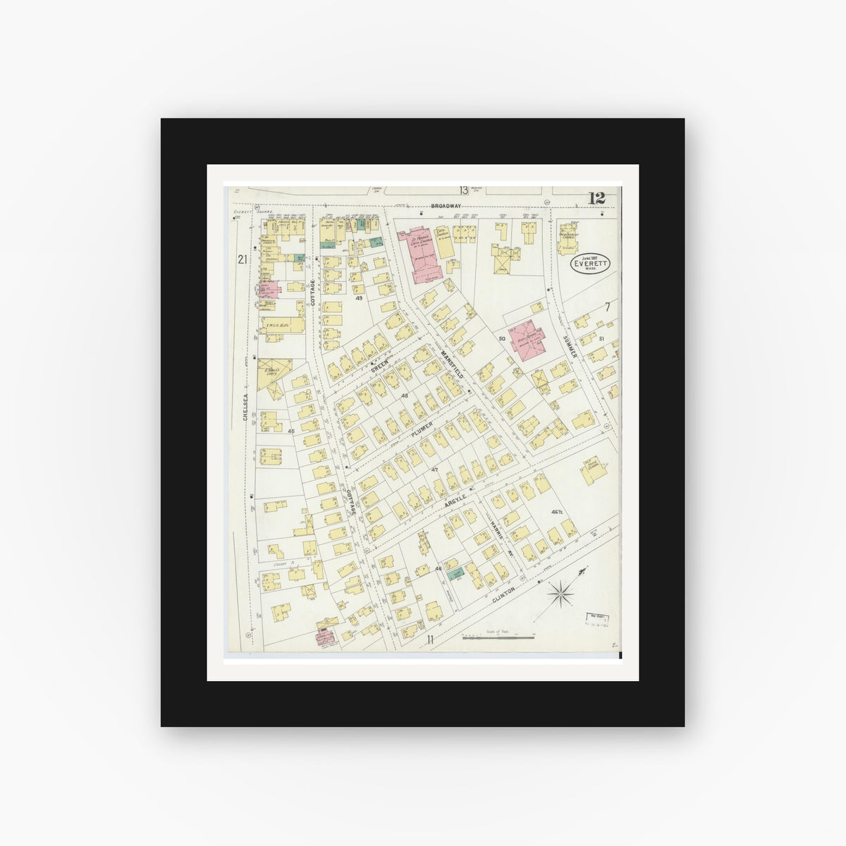 Old map wall art mockup — black gallery frame with white mat — Sanborn Fire Insurance Map from Everett, Middlesex County, Massachusetts (1897), Sheet #0012