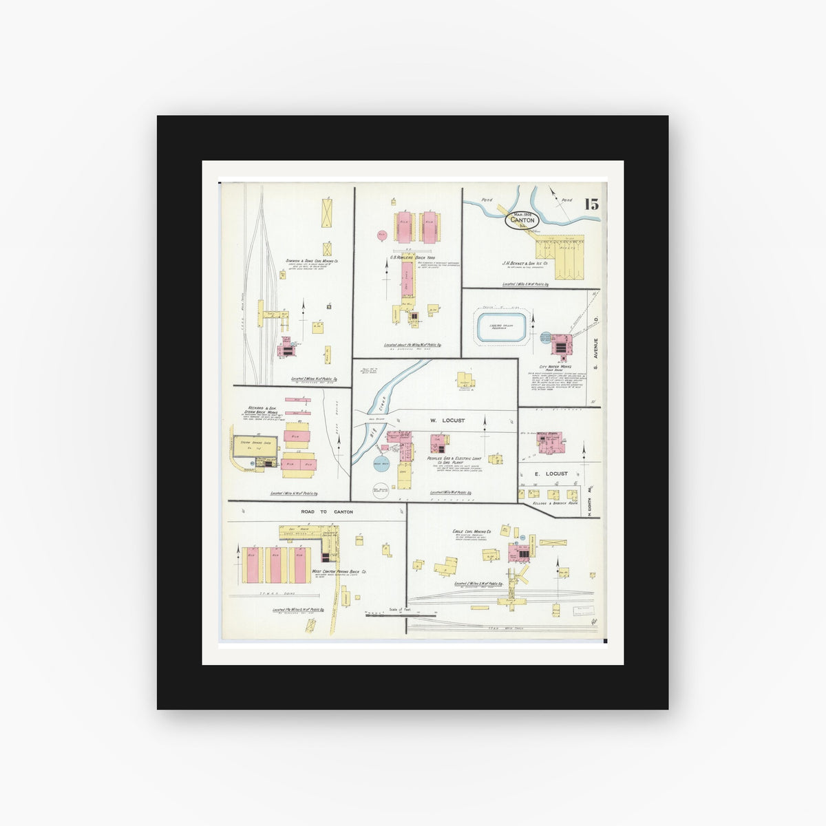 Old map wall art mockup — black gallery frame with white mat — Sanborn Fire Insurance Map from Canton, Fulton County, Illinois (1909), Sheet #0015