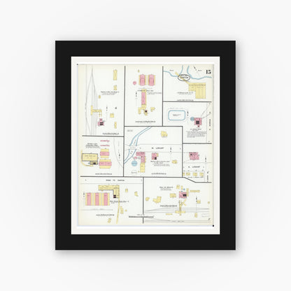 Old map wall art mockup — black gallery frame with white mat — Sanborn Fire Insurance Map from Canton, Fulton County, Illinois (1909), Sheet #0015