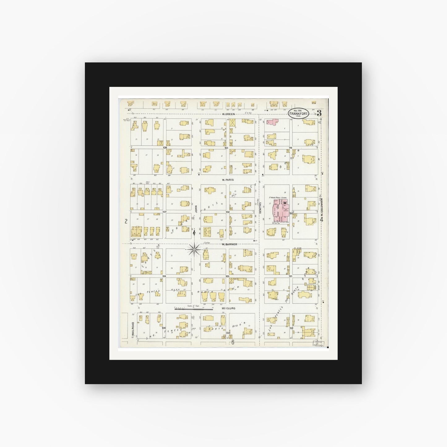 Old map wall art mockup — black gallery frame with white mat — Sanborn Fire Insurance Map from Frankfort, Clinton County, Indiana (1906), Sheet #0003
