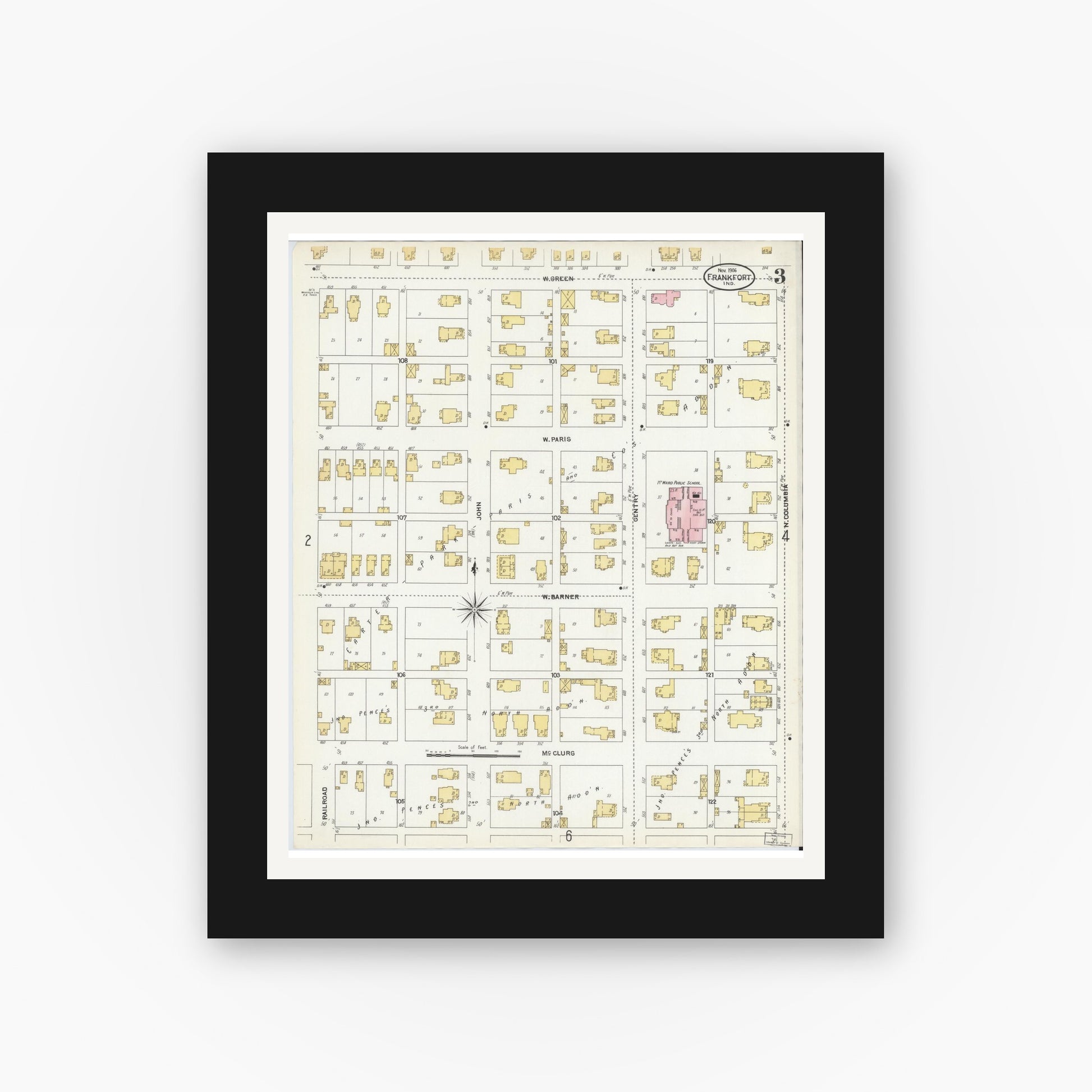 Old map wall art mockup — black gallery frame with white mat — Sanborn Fire Insurance Map from Frankfort, Clinton County, Indiana (1906), Sheet #0003