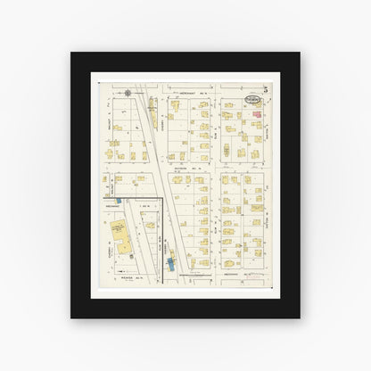 Old map wall art mockup — black gallery frame with white mat — Sanborn Fire Insurance Map from Fremont, Newaygo County, Michigan (1921), Sheet #0005