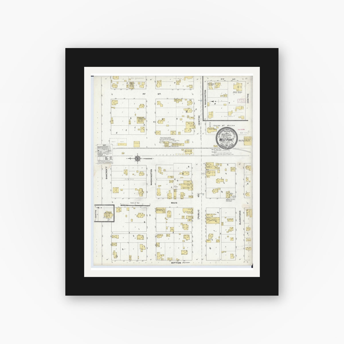 Old map wall art mockup — black gallery frame with white mat — Sanborn Fire Insurance Map from West Point, Hancock County, Illinois (1910), Sheet #0001