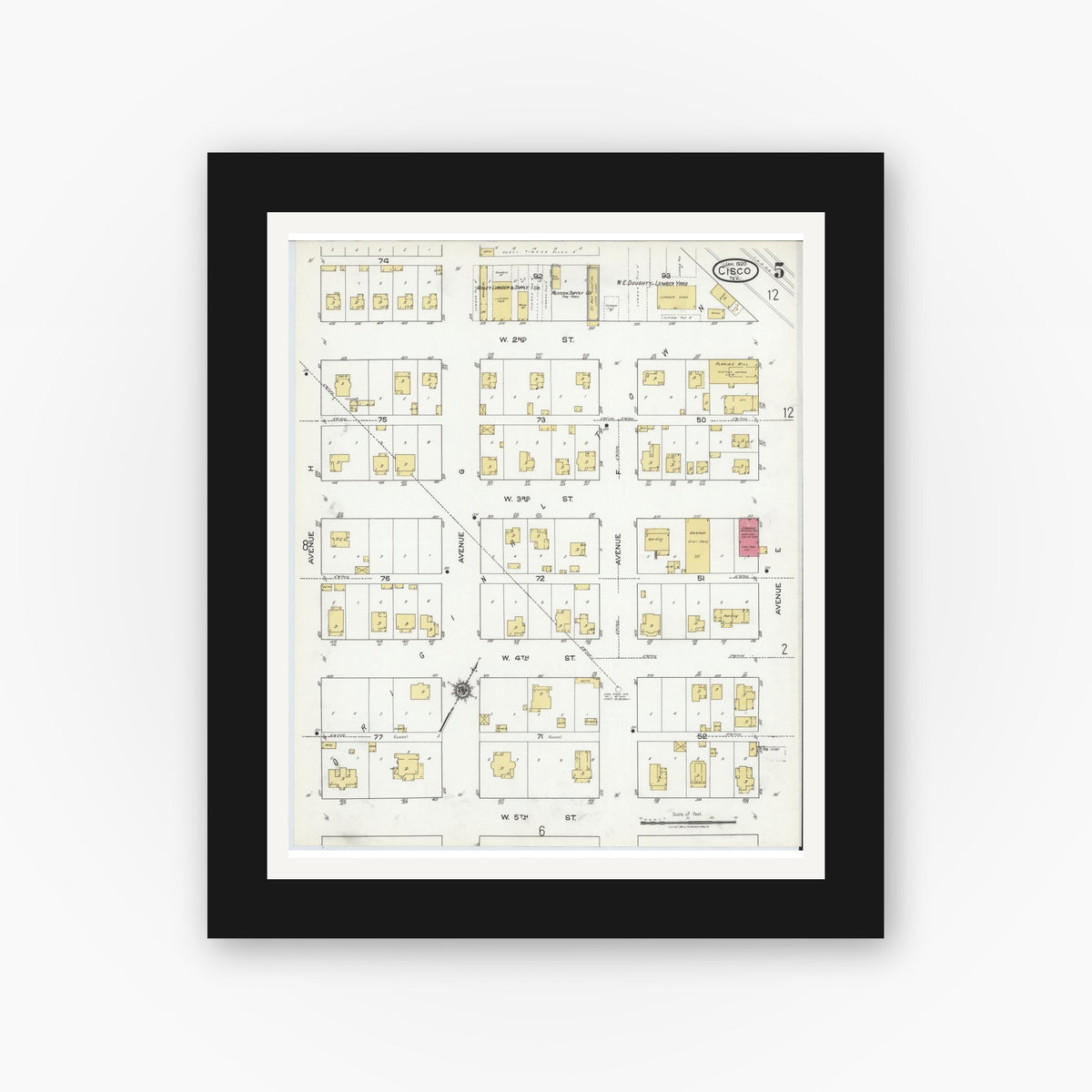Old map wall art mockup — black gallery frame with white mat — Sanborn Fire Insurance Map from Cisco, Eastland County, Texas (1920), Sheet #0005