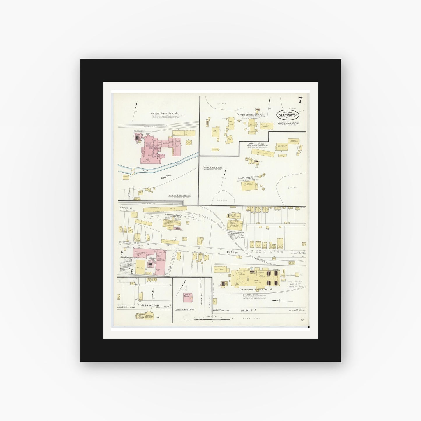 Old map wall art mockup — black gallery frame with white mat — Sanborn Fire Insurance Map from Slatington, Lehigh County, Pennsylvania (1908), Sheet #0007