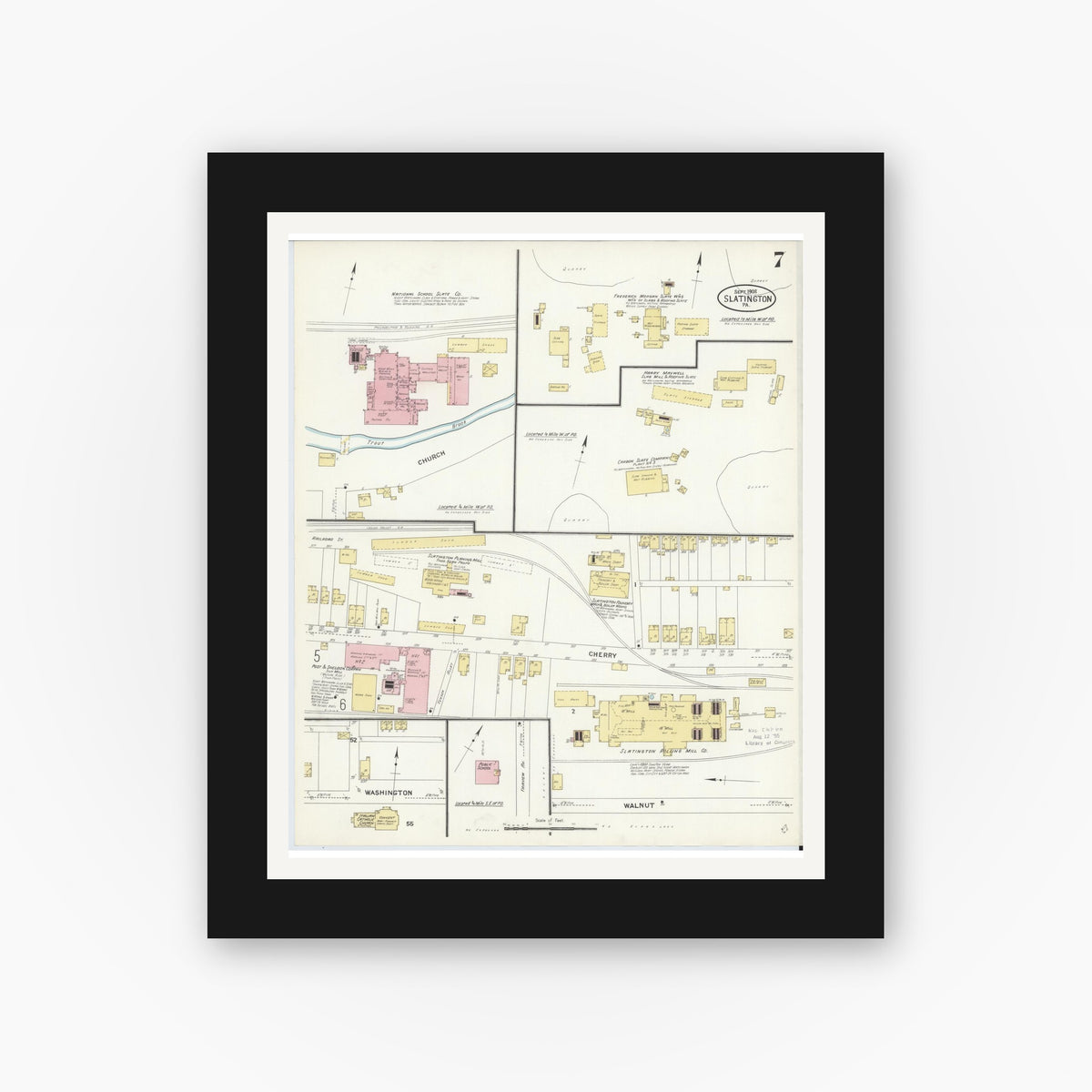 Old map wall art mockup — black gallery frame with white mat — Sanborn Fire Insurance Map from Slatington, Lehigh County, Pennsylvania (1908), Sheet #0007