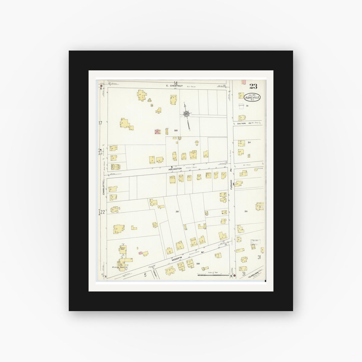 Old map wall art mockup — black gallery frame with white mat — Sanborn Fire Insurance Map from Asheville, Buncombe County, North Carolina (1913), Sheet #0023