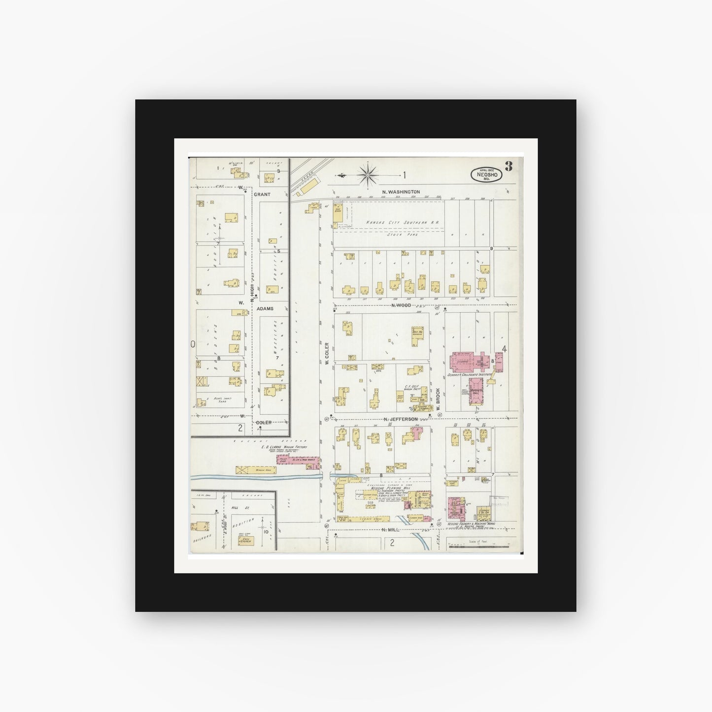 Old map wall art mockup — black gallery frame with white mat — Sanborn Fire Insurance Map from Neosho, Newton County, Missouri (1902), Sheet #0003