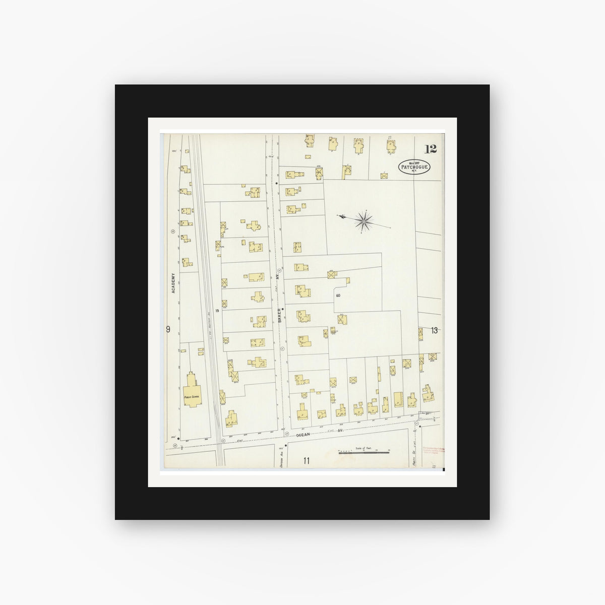 Old map wall art mockup — black gallery frame with white mat — Sanborn Fire Insurance Map from Patchogue, Suffolk County, New York (1897), Sheet #0012