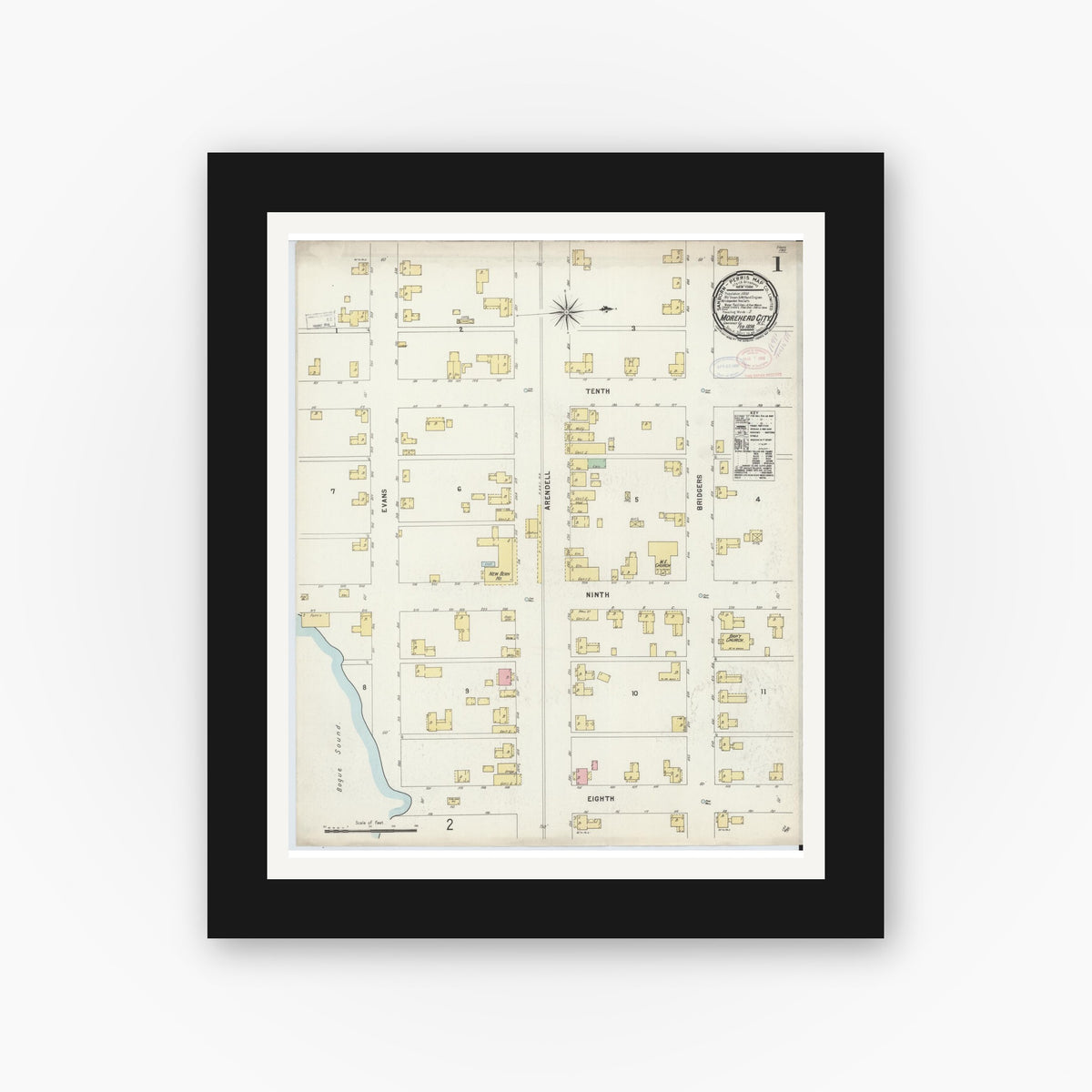 Old map wall art mockup — black gallery frame with white mat — Sanborn Fire Insurance Map from Morehead City, Carteret County, North Carolina (1898) - Complete Map Set