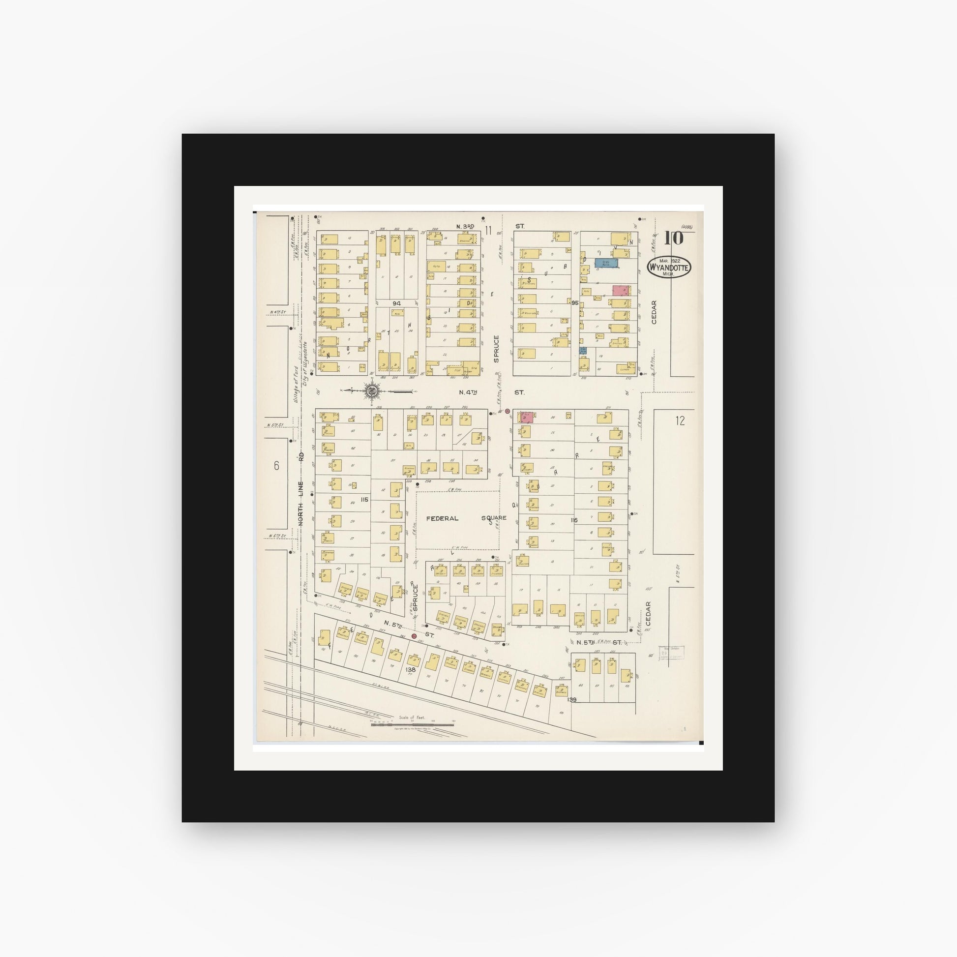 Old map wall art mockup — black gallery frame with white mat — Sanborn Fire Insurance Map from Wyandotte, Wayne County, Michigan (1922), Sheet #0010