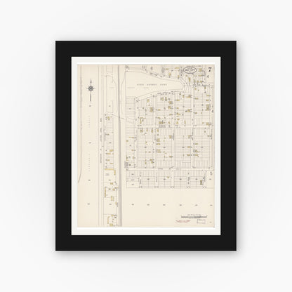 Old map wall art mockup — black gallery frame with white mat — Sanborn Fire Insurance Map from Daly City, San Mateo County, California (1918), Sheet #0007