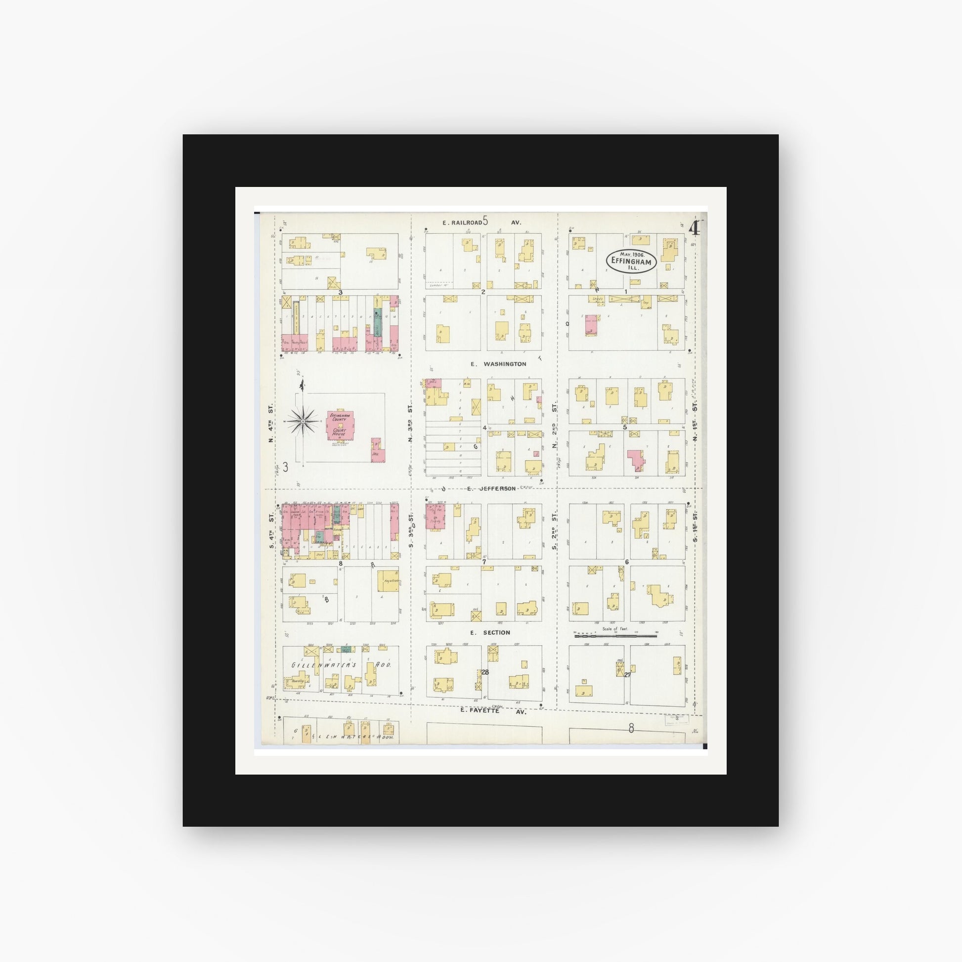 Old map wall art mockup — black gallery frame with white mat — Sanborn Fire Insurance Map from Effingham, Effingham County, Illinois (1906), Sheet #0004
