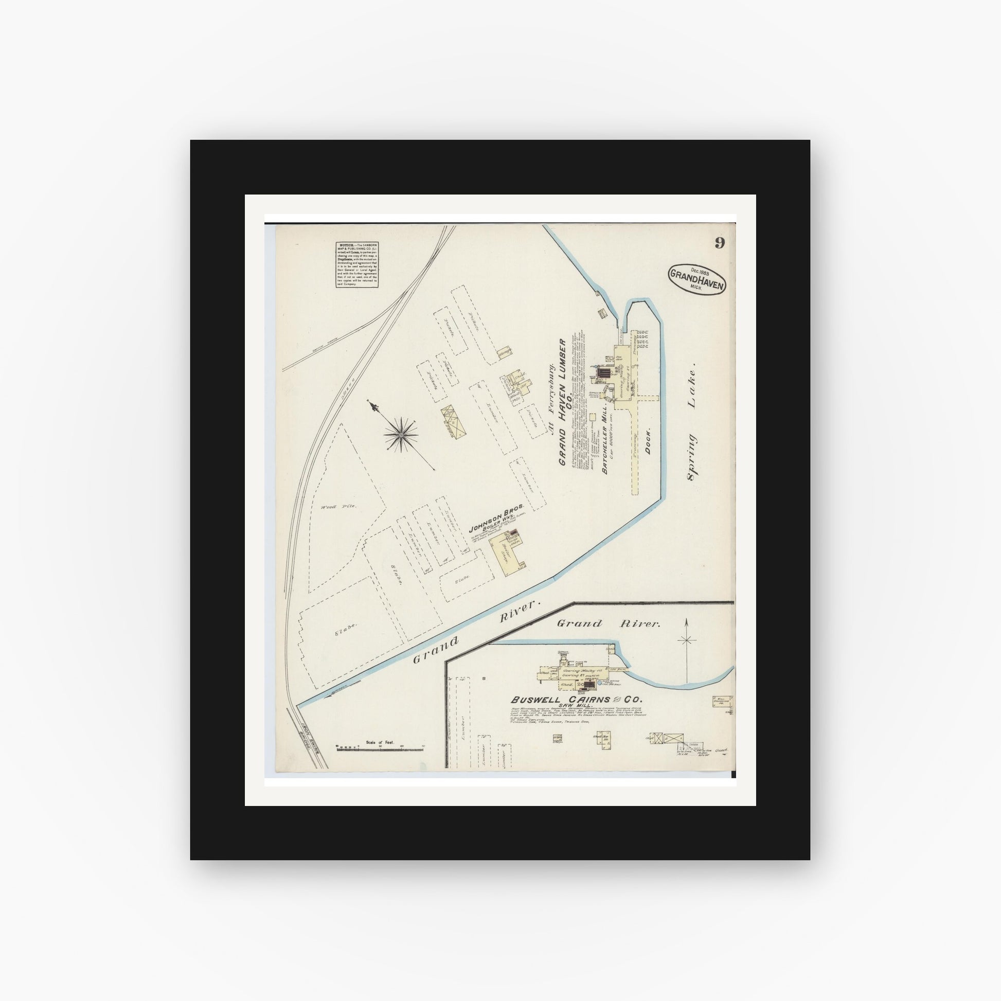 Old map wall art mockup — black gallery frame with white mat — Sanborn Fire Insurance Map from Grand Haven, Ottawa County, Michigan (1883), Sheet #0009