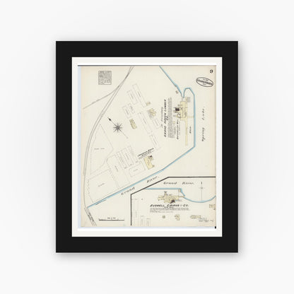 Old map wall art mockup — black gallery frame with white mat — Sanborn Fire Insurance Map from Grand Haven, Ottawa County, Michigan (1883), Sheet #0009