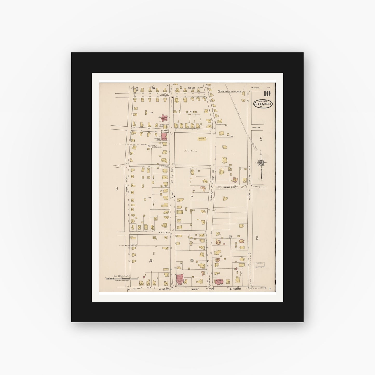 Old map wall art mockup — black gallery frame with white mat — Sanborn Fire Insurance Map from Albemarle, Stanley County, North Carolina (1922), Sheet #0010