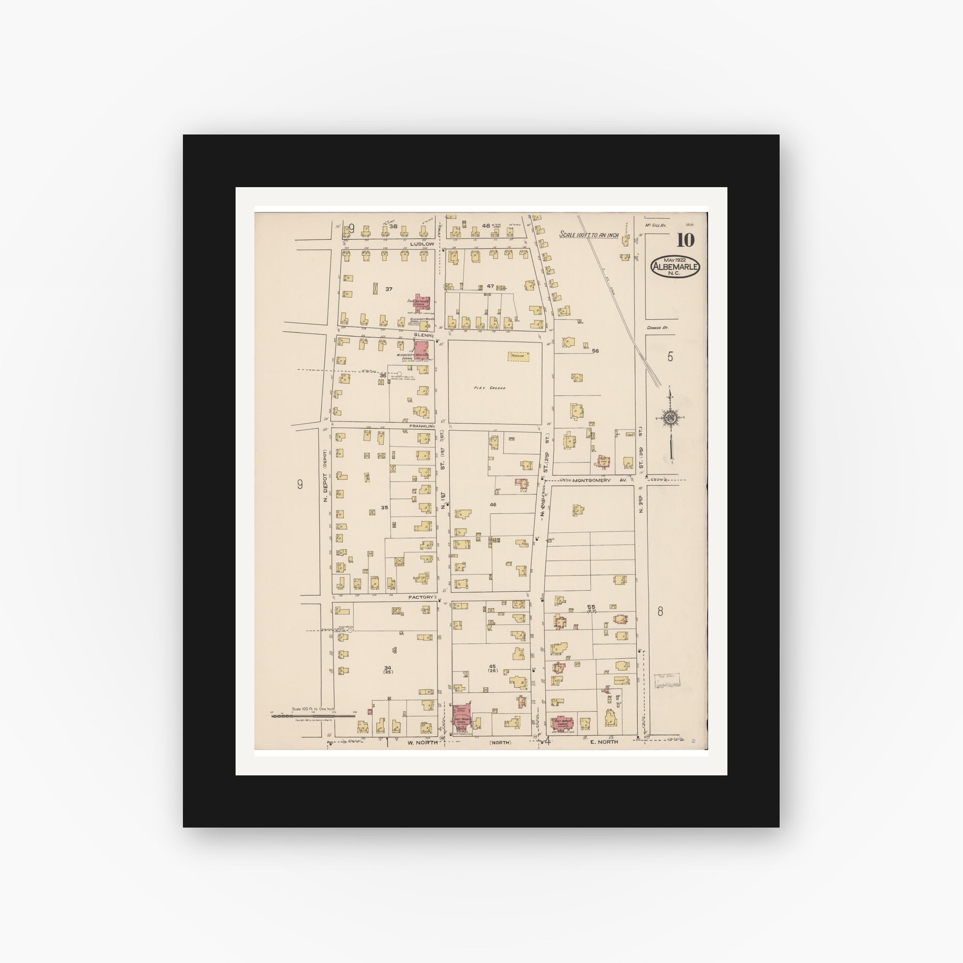 Old map wall art mockup — black gallery frame with white mat — Sanborn Fire Insurance Map from Albemarle, Stanley County, North Carolina (1922), Sheet #0010