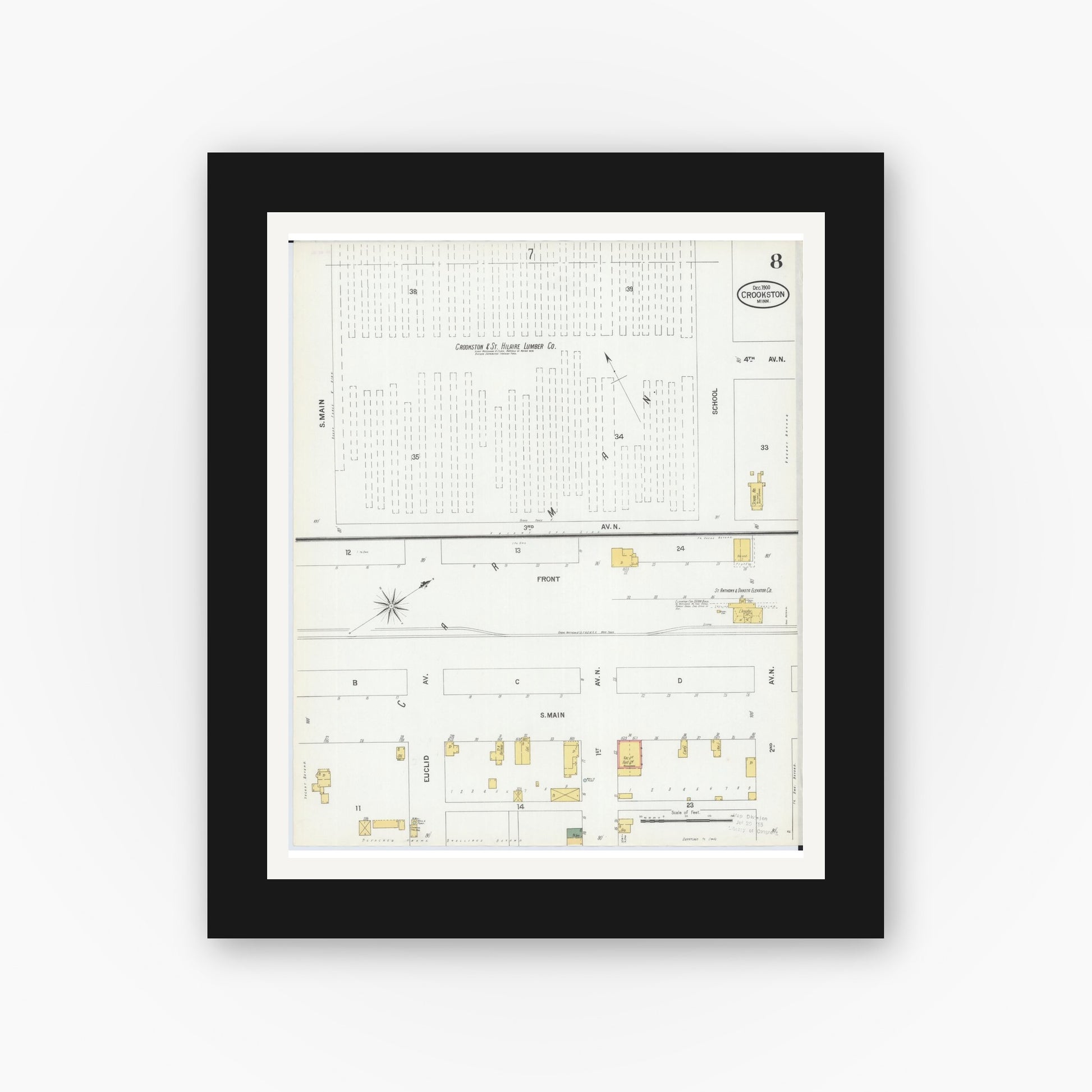 Old map wall art mockup — black gallery frame with white mat — Sanborn Fire Insurance Map from Crookston, Polk County, Minnesota (1900), Sheet #0008