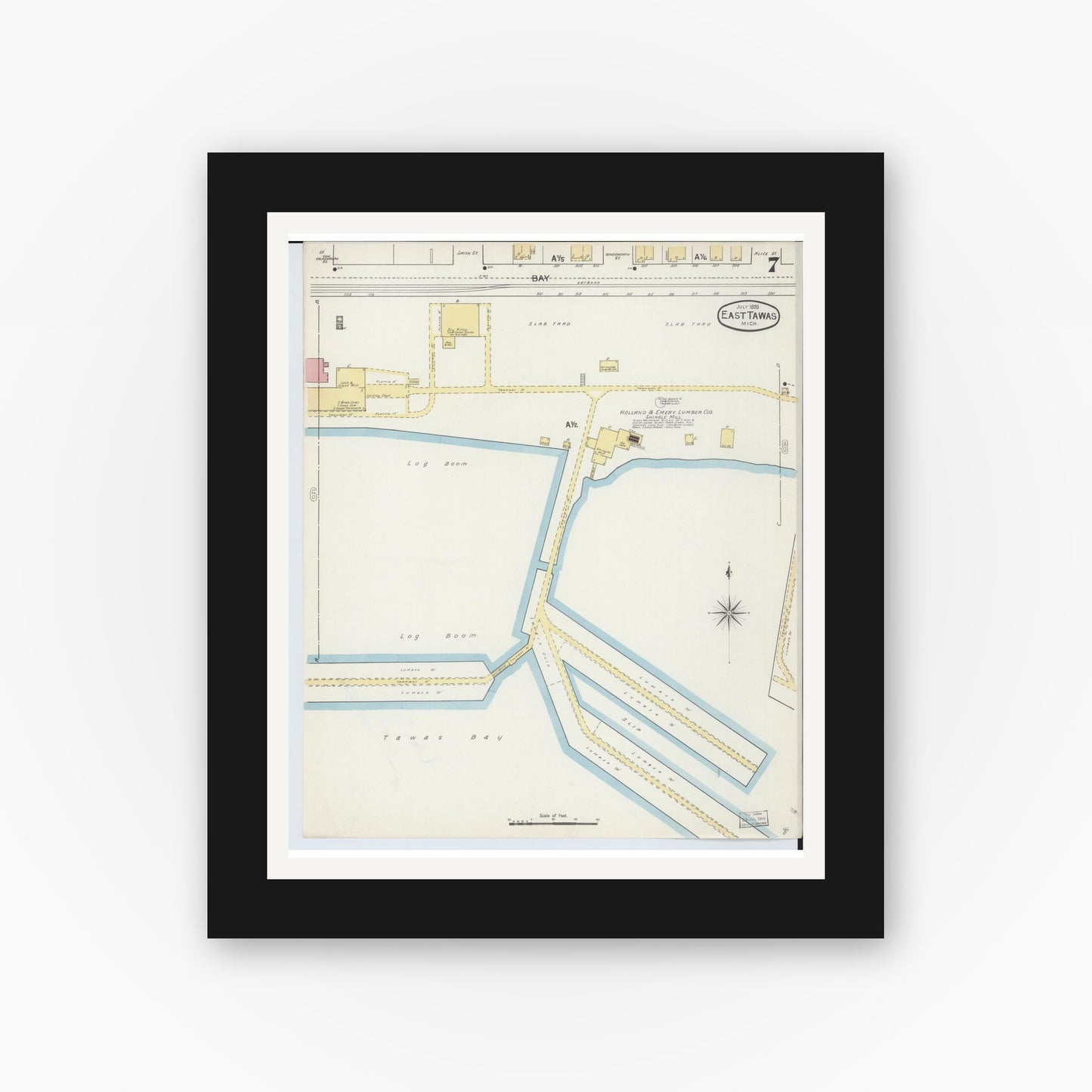 Old map wall art mockup — black gallery frame with white mat — Sanborn Fire Insurance Map from East Tawas, Iosco County, Michigan (1893), Sheet #0007