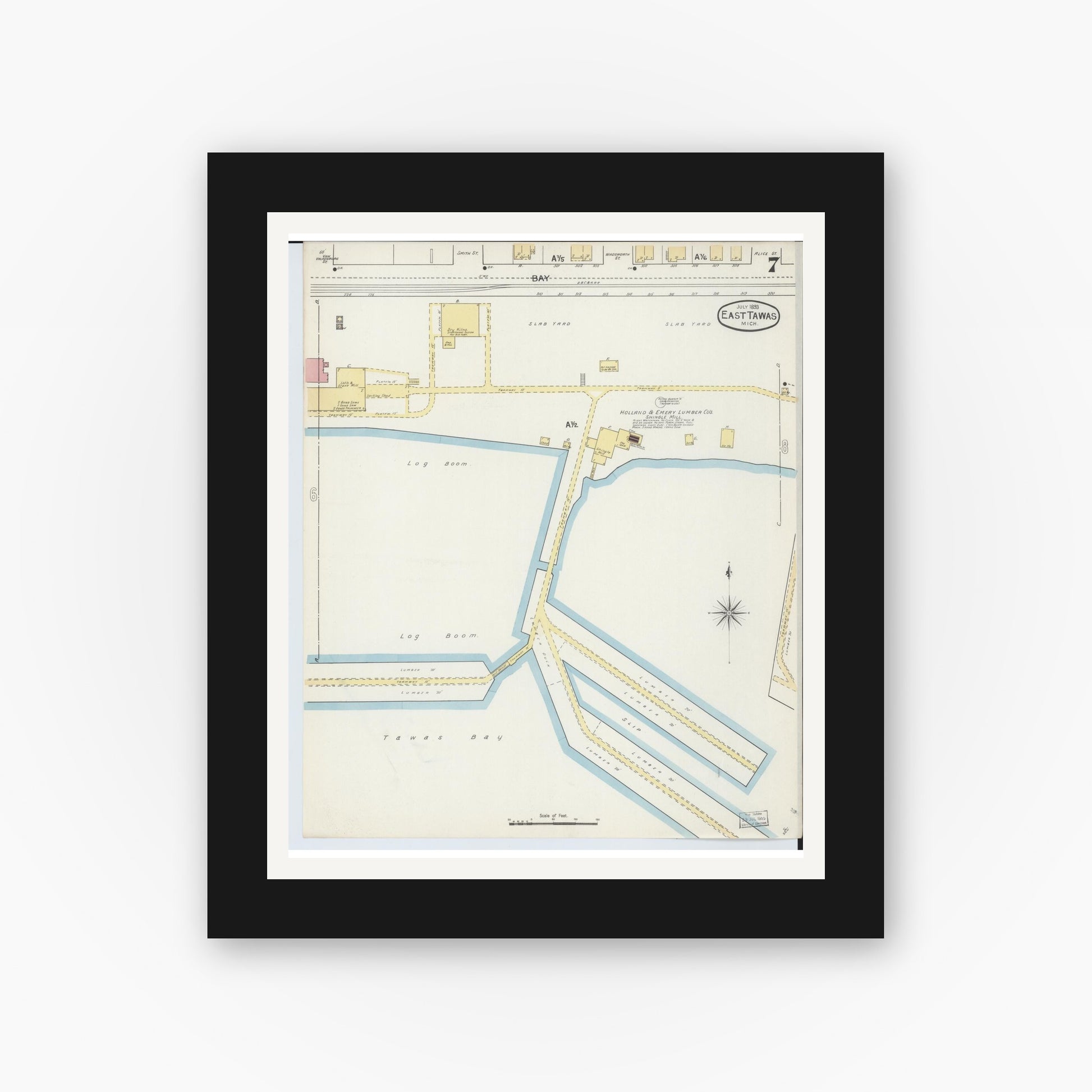 Old map wall art mockup — black gallery frame with white mat — Sanborn Fire Insurance Map from East Tawas, Iosco County, Michigan (1893), Sheet #0007