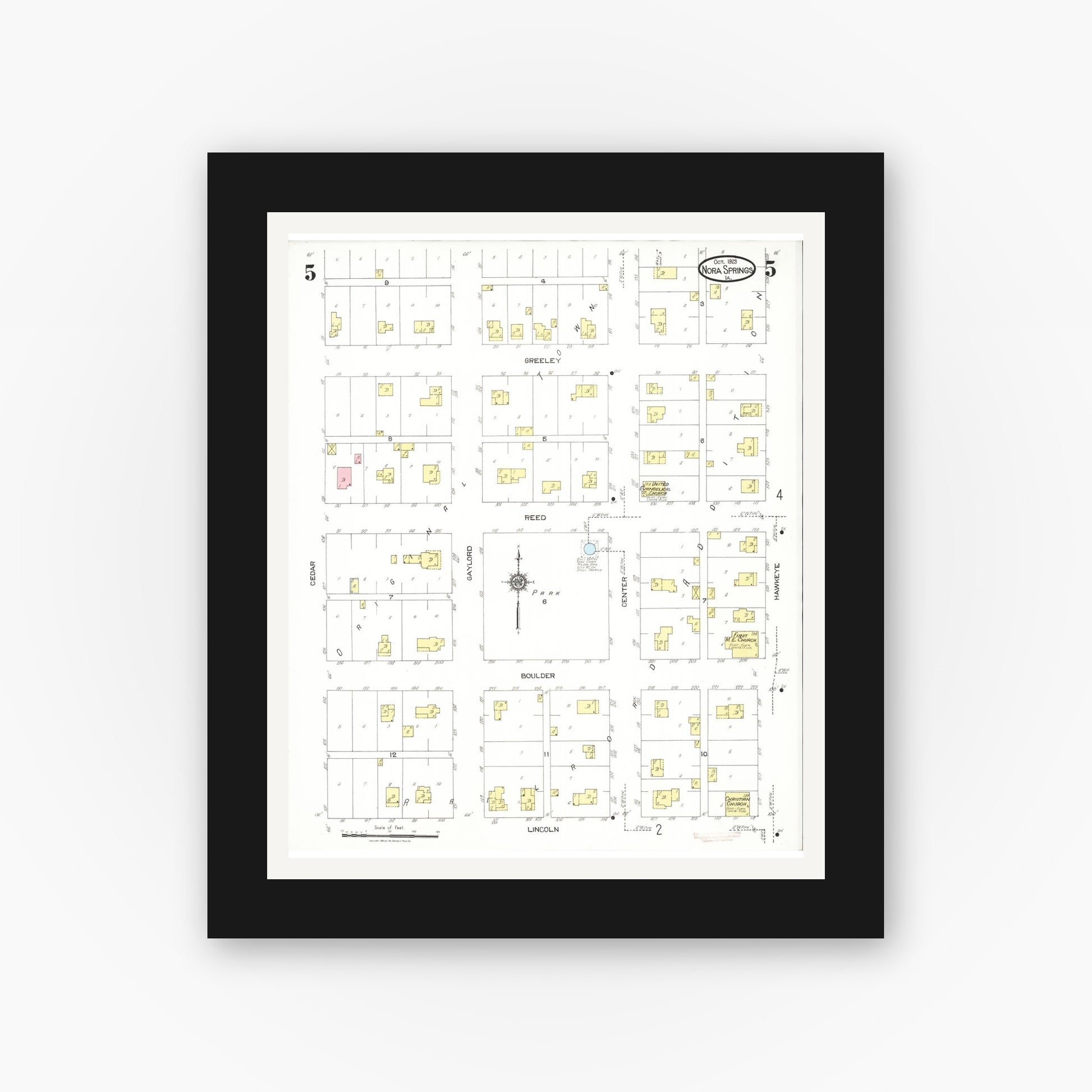 Old map wall art mockup — black gallery frame with white mat — Sanborn Fire Insurance Map from Nora Springs, Floyd County, Iowa (1923), Sheet #0005