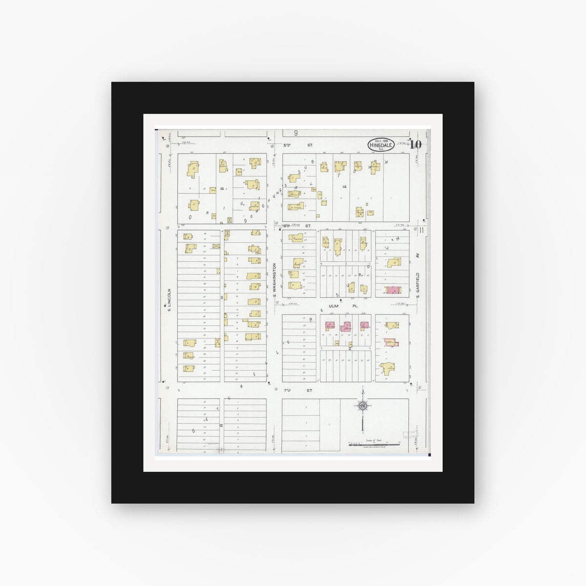 Old map wall art mockup — black gallery frame with white mat — Sanborn Fire Insurance Map from Hinsdale, Du Page And Cook Counties, Illinois (1919), Sheet #0010