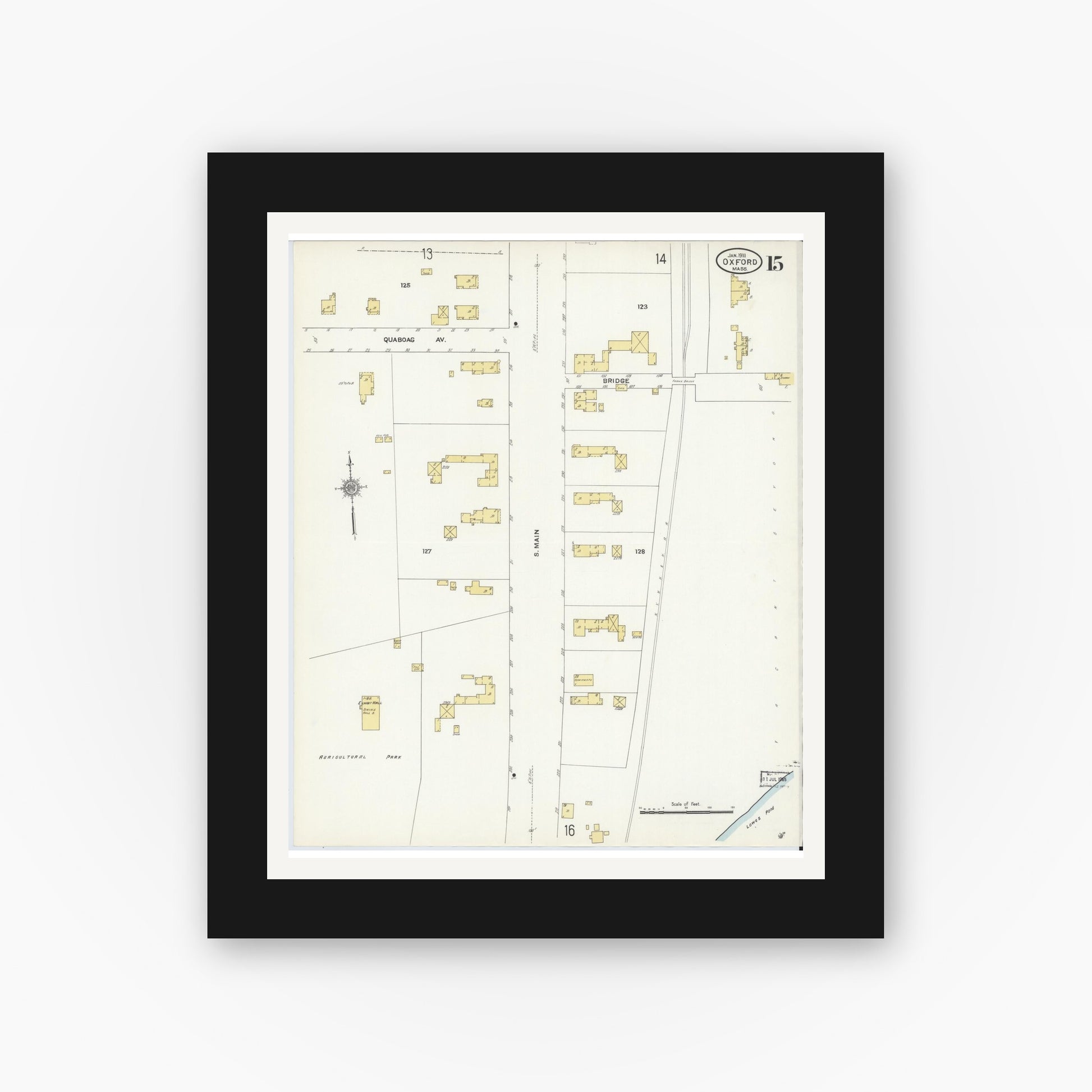 Old map wall art mockup — black gallery frame with white mat — Sanborn Fire Insurance Map from Oxford, Worcester County, Massachusetts (1911), Sheet #0015