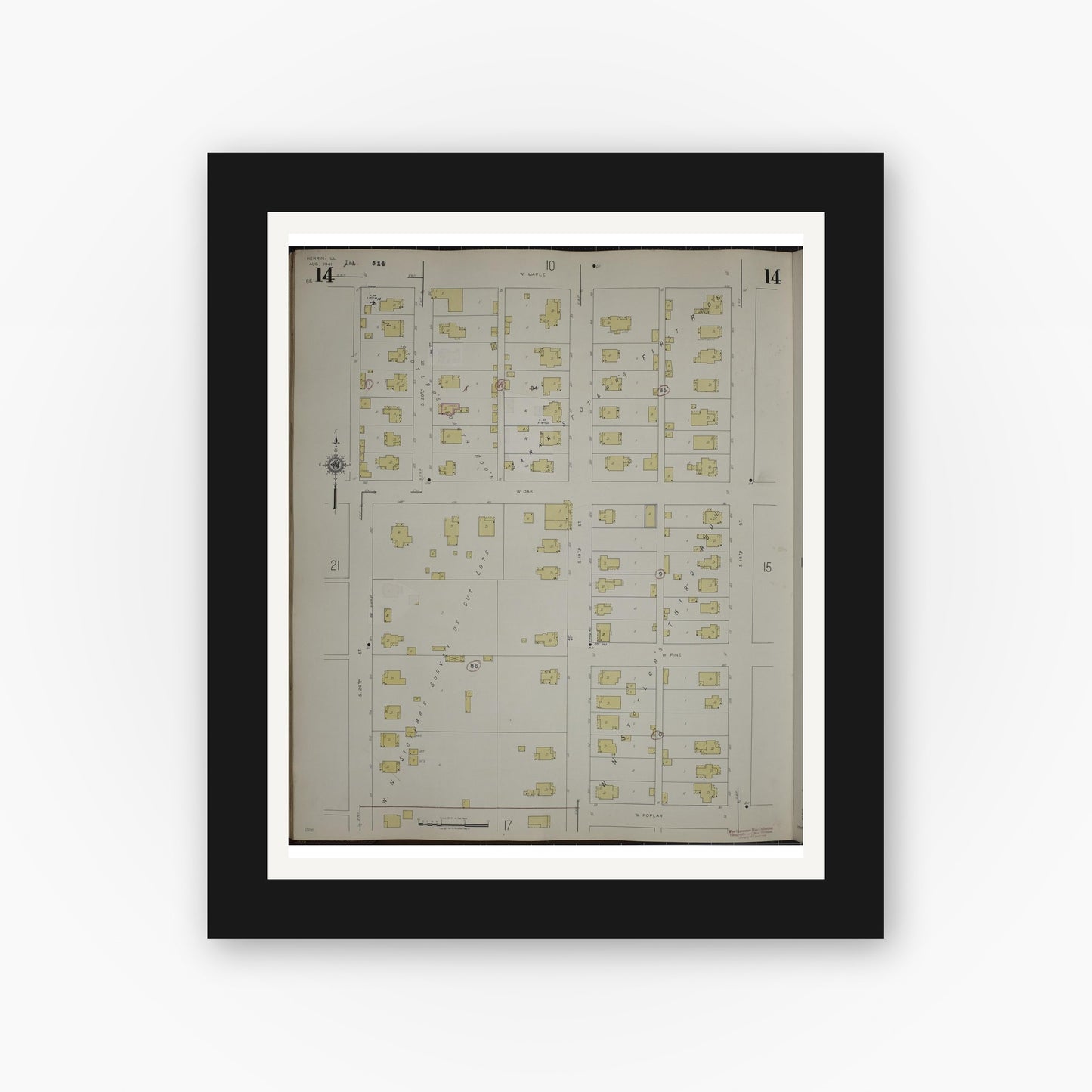 Old map wall art mockup — black gallery frame with white mat — Sanborn Fire Insurance Map from Herrin, Williamson County, Illinois (1947), Sheet #0014
