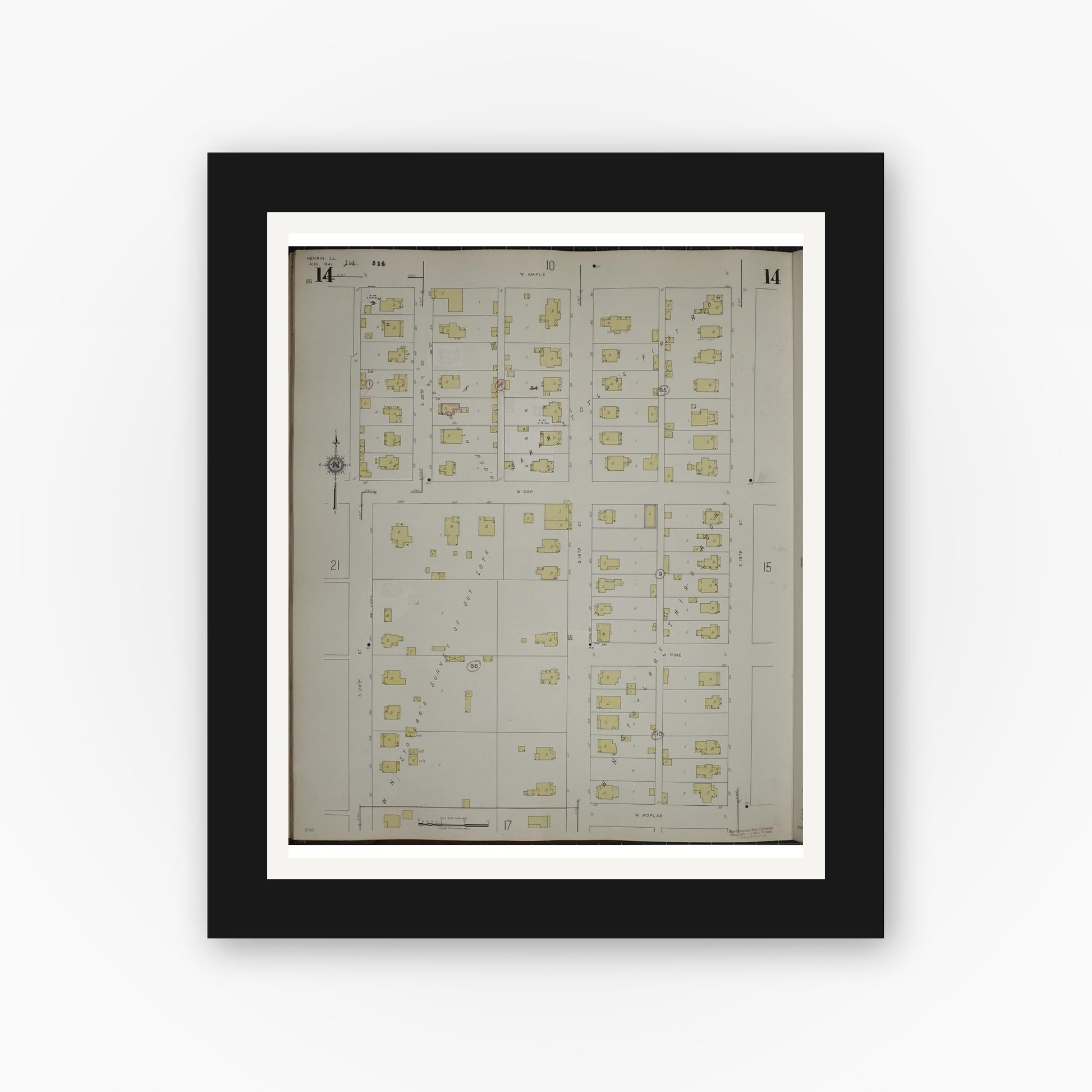 Old map wall art mockup — black gallery frame with white mat — Sanborn Fire Insurance Map from Herrin, Williamson County, Illinois (1947), Sheet #0014