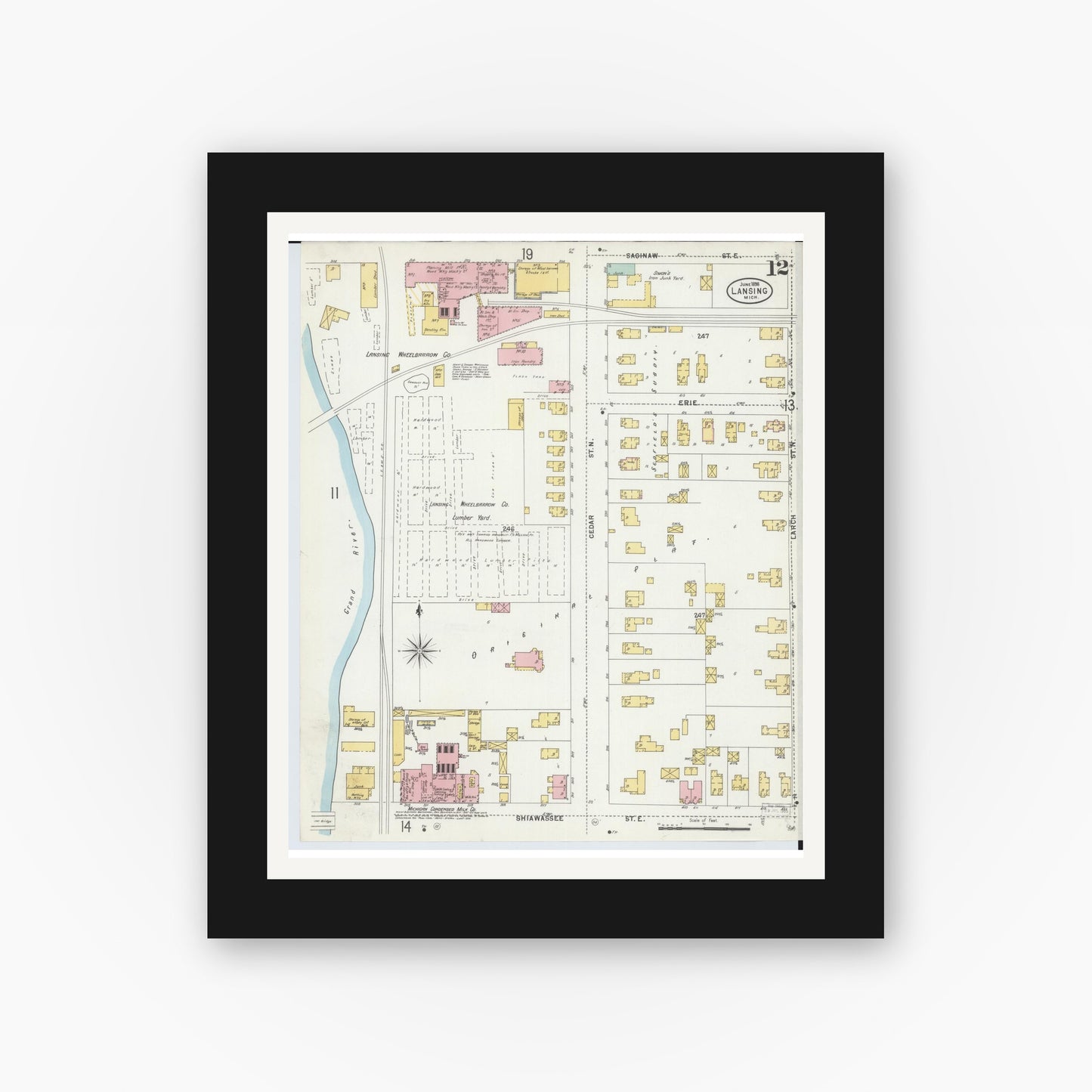 Old map wall art mockup — black gallery frame with white mat — Sanborn Fire Insurance Map from Lansing, Ingham County, Michigan (1898), Sheet #0012