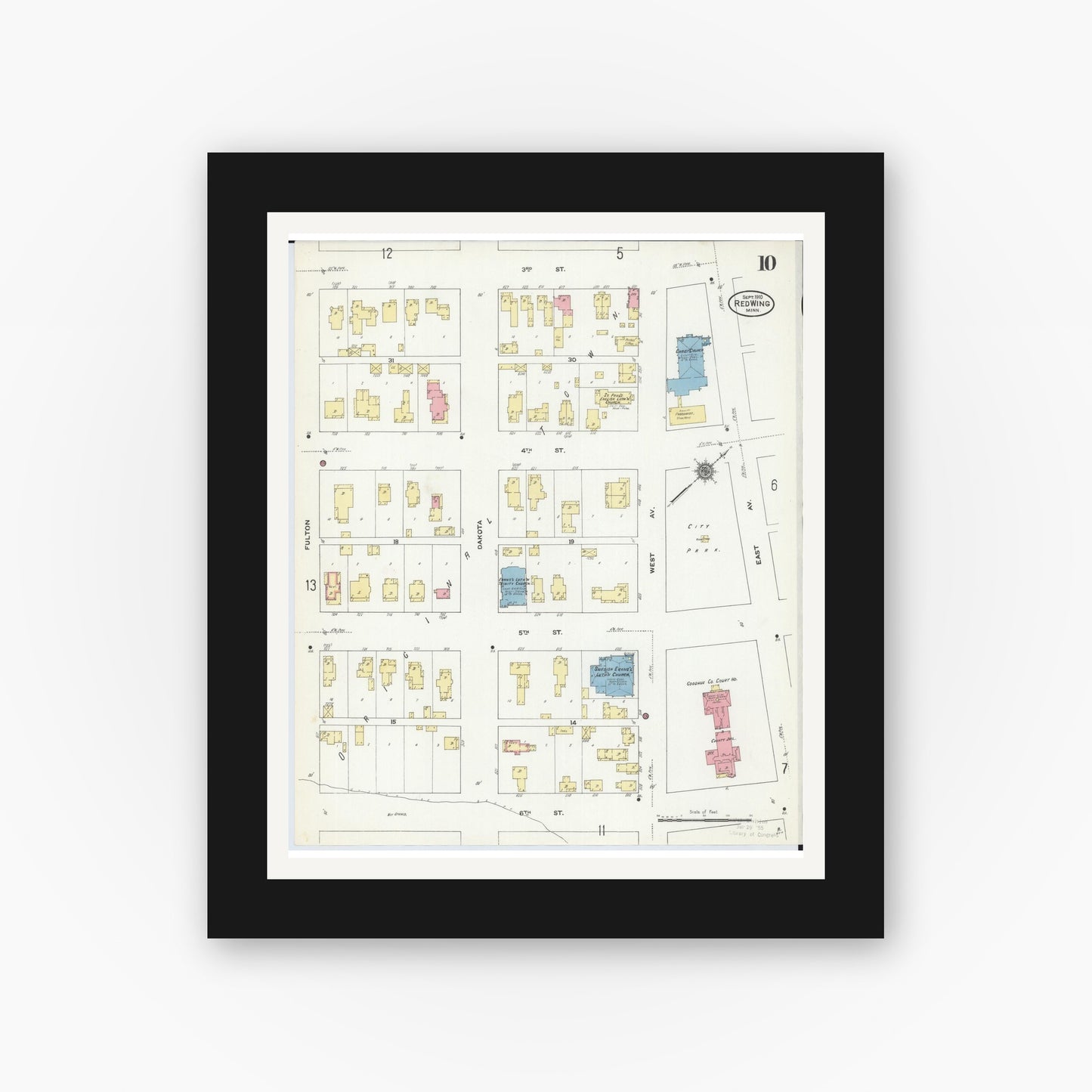 Old map wall art mockup — black gallery frame with white mat — Sanborn Fire Insurance Map from Red Wing, Goodhue County, Minnesota (1910), Sheet #0010