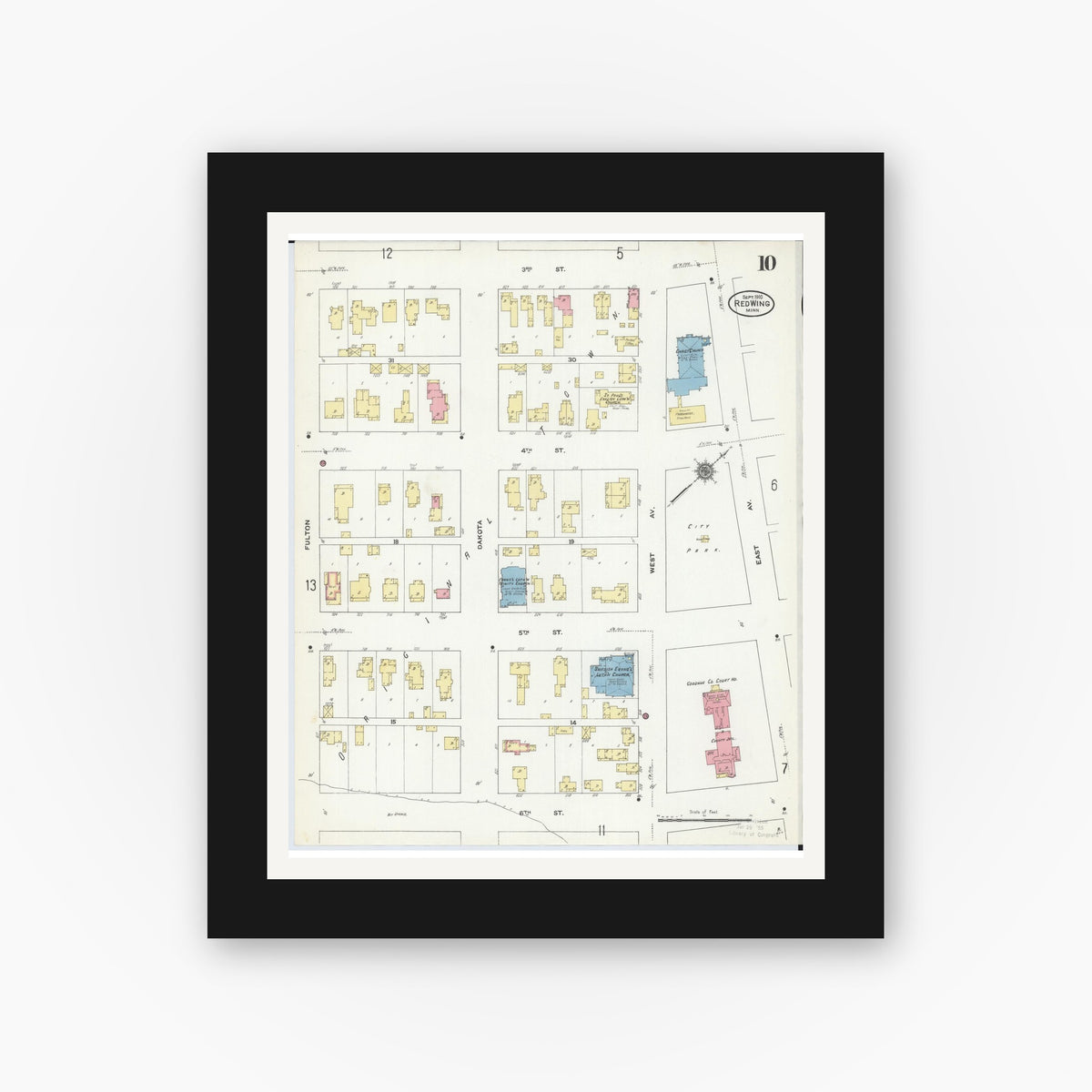 Old map wall art mockup — black gallery frame with white mat — Sanborn Fire Insurance Map from Red Wing, Goodhue County, Minnesota (1910), Sheet #0010