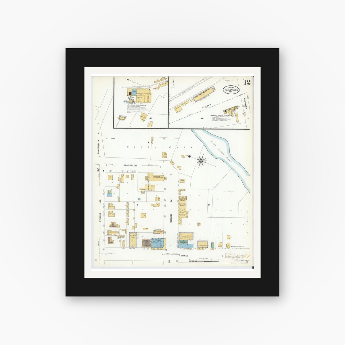 Old map wall art mockup — black gallery frame with white mat — Sanborn Fire Insurance Map from San Angelo, Tom Green County, Texas (1908), Sheet #0012